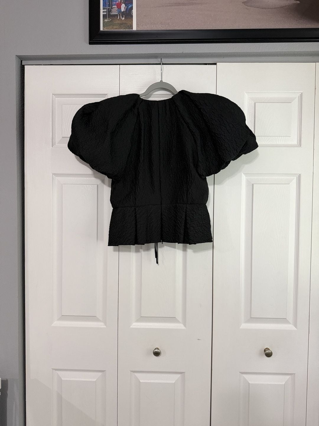 Antonio Melani Blouse Size 10 Black Textured Puff Sleeve Peplum 3