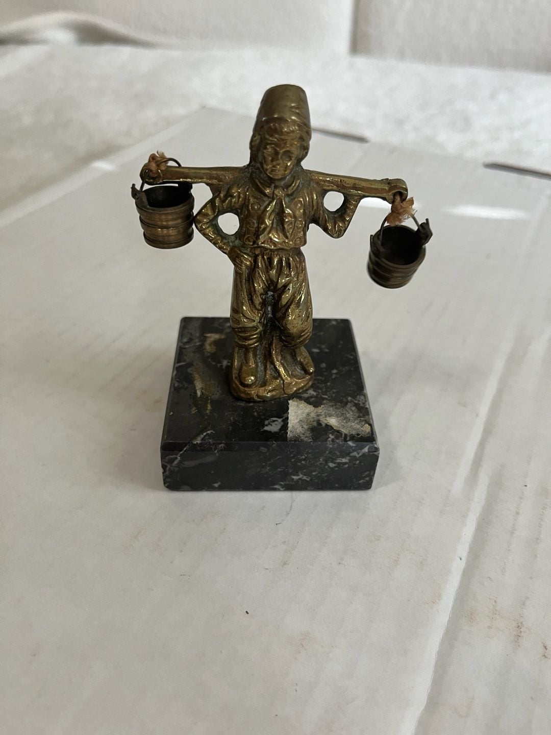 Vintage Brass Antwerpen Water Carrier Figurine on Marble Base 1