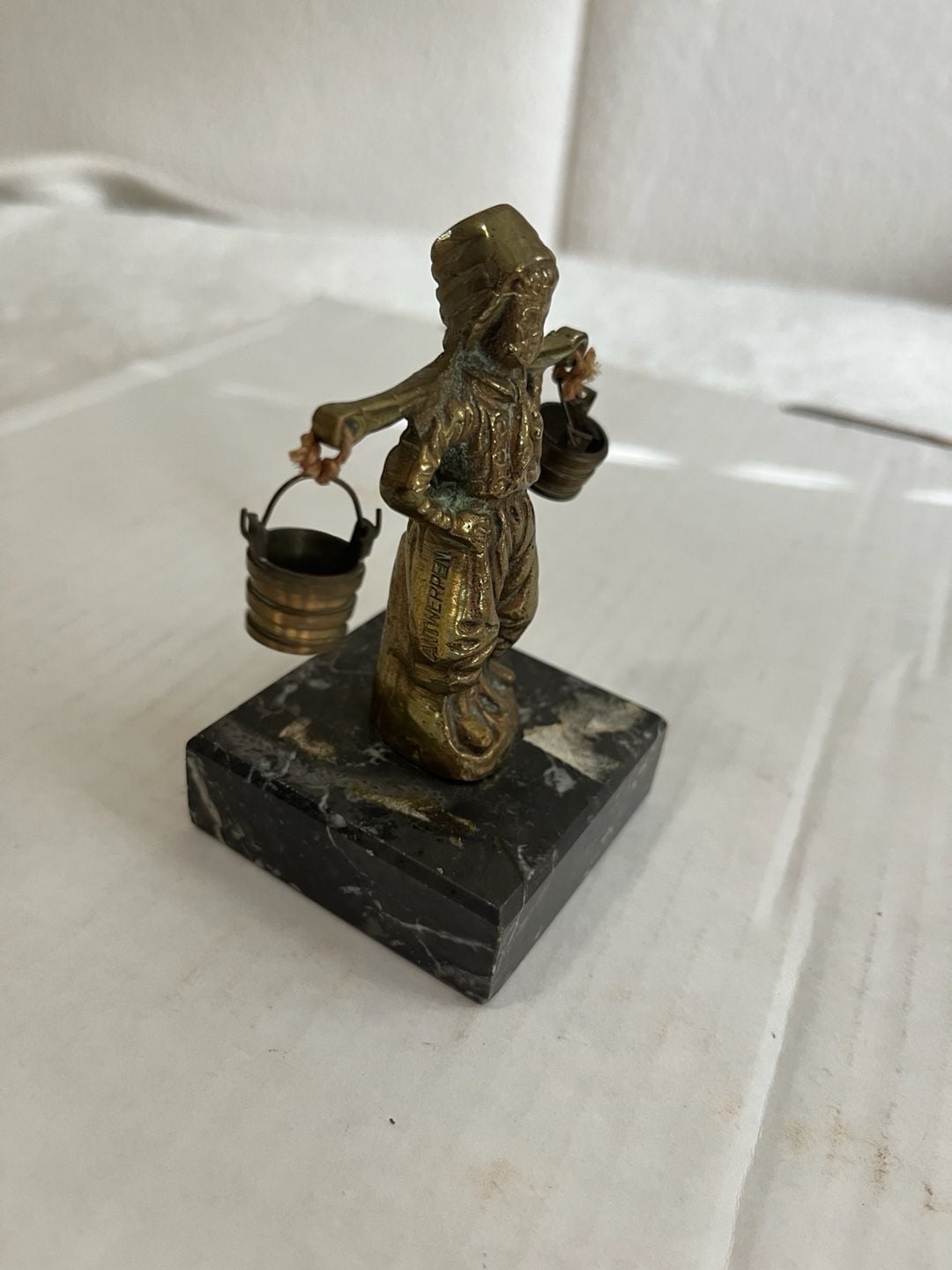Vintage Brass Antwerpen Water Carrier Figurine on Marble Base 4