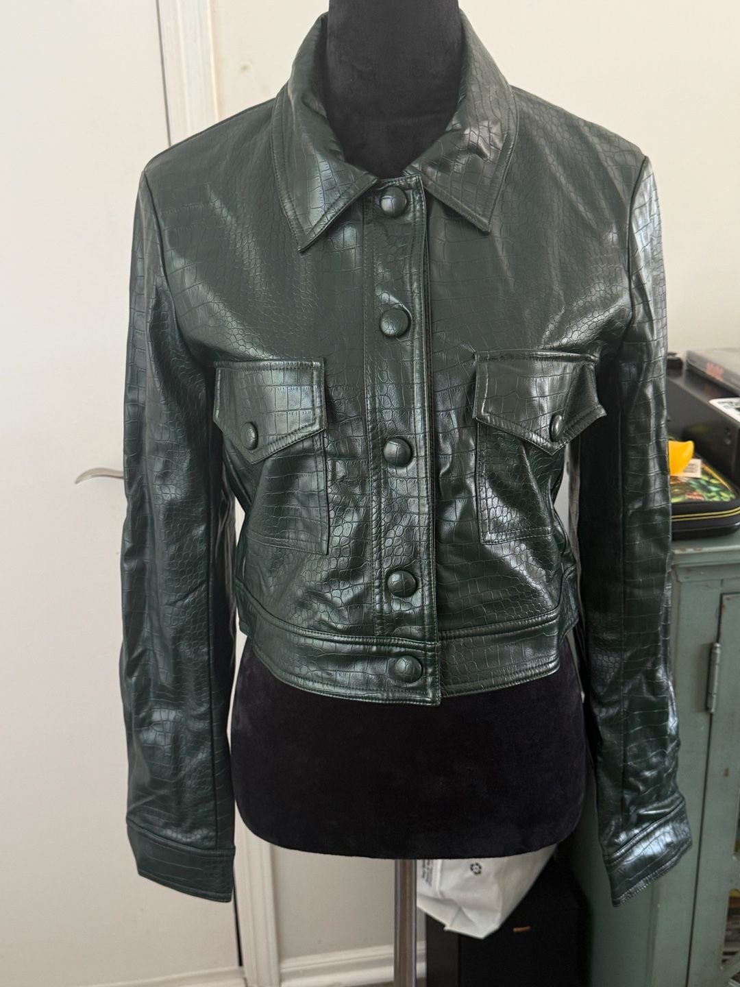House of Harlow 1960 Jacket Size S Green Croc Embossed Faux Leather 2