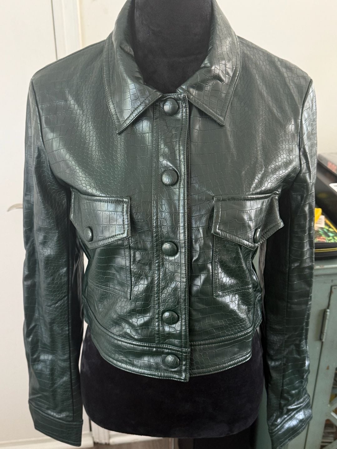 House of Harlow 1960 Jacket Size S Green Croc Embossed Faux Leather 3