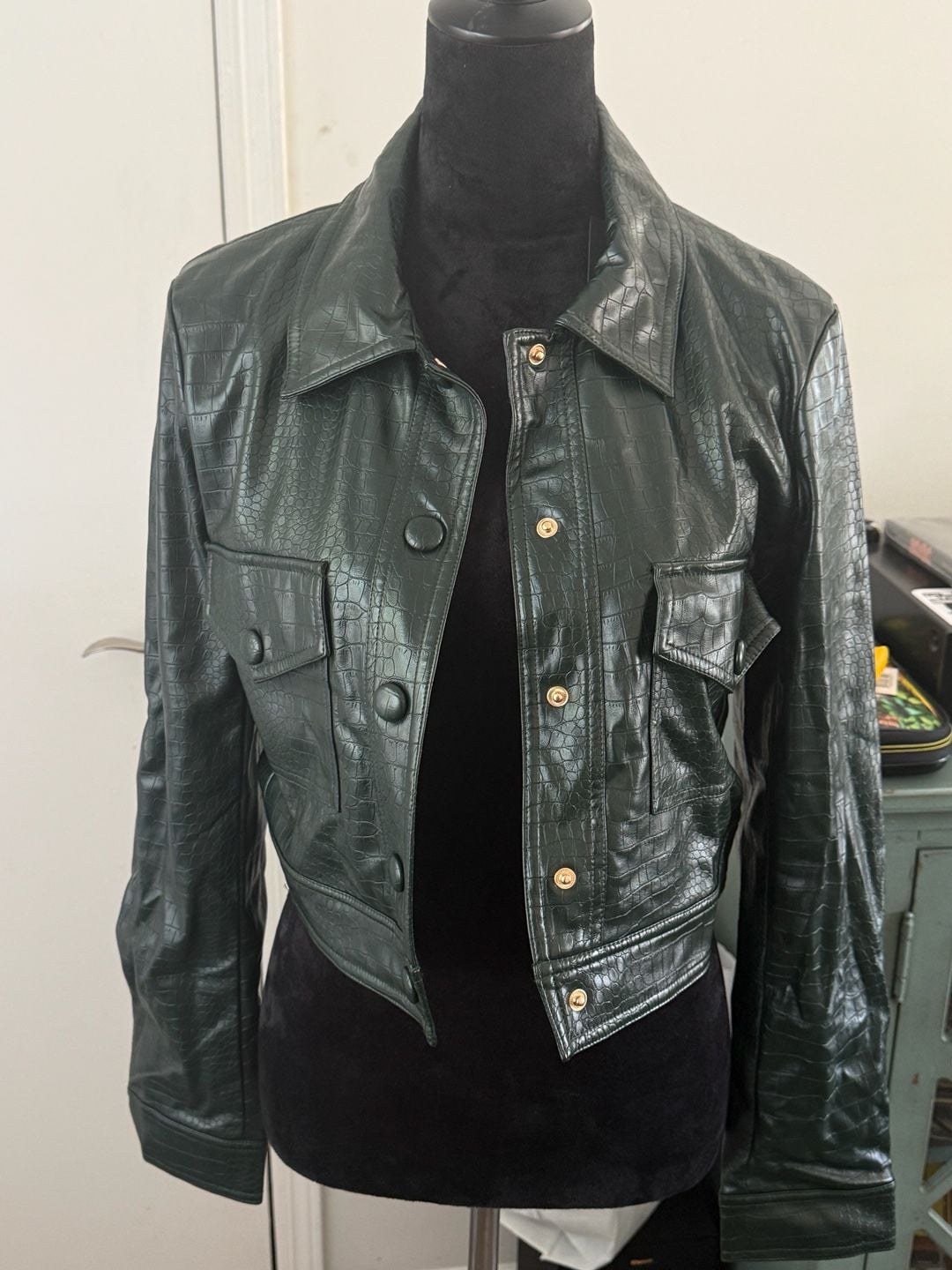 House of Harlow 1960 Jacket Size S Green Croc Embossed Faux Leather 4
