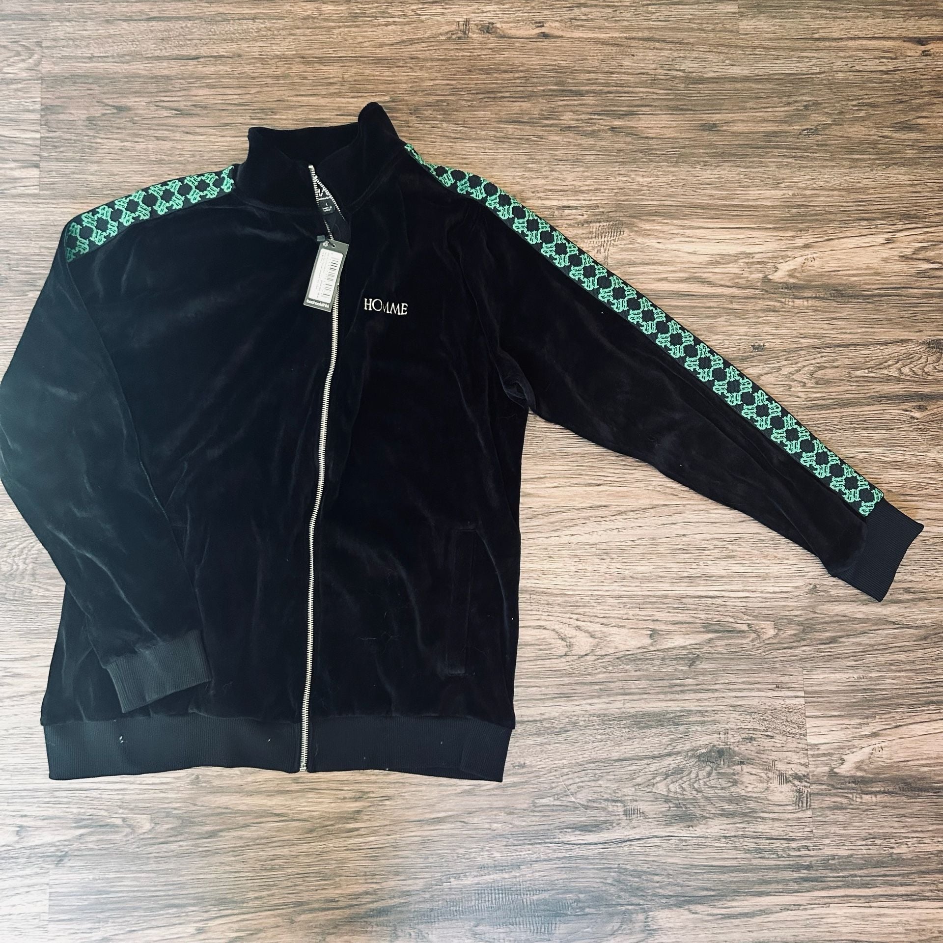 BoohooMAN Homme Velour Track Jacket Size L Black Green Side Tape 2