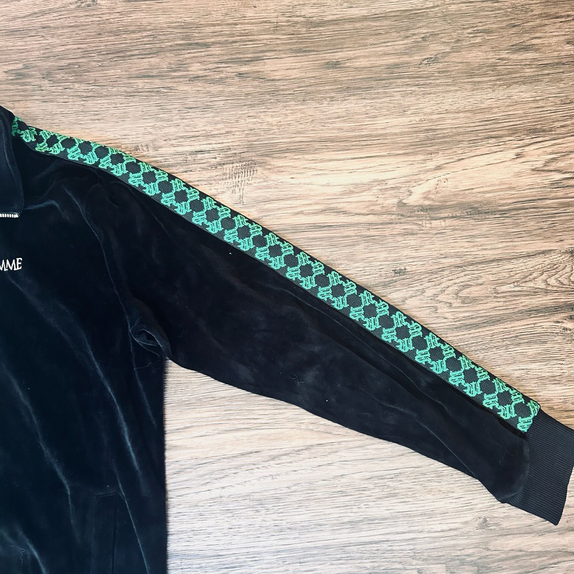 BoohooMAN Homme Velour Track Jacket Size L Black Green Side Tape 4