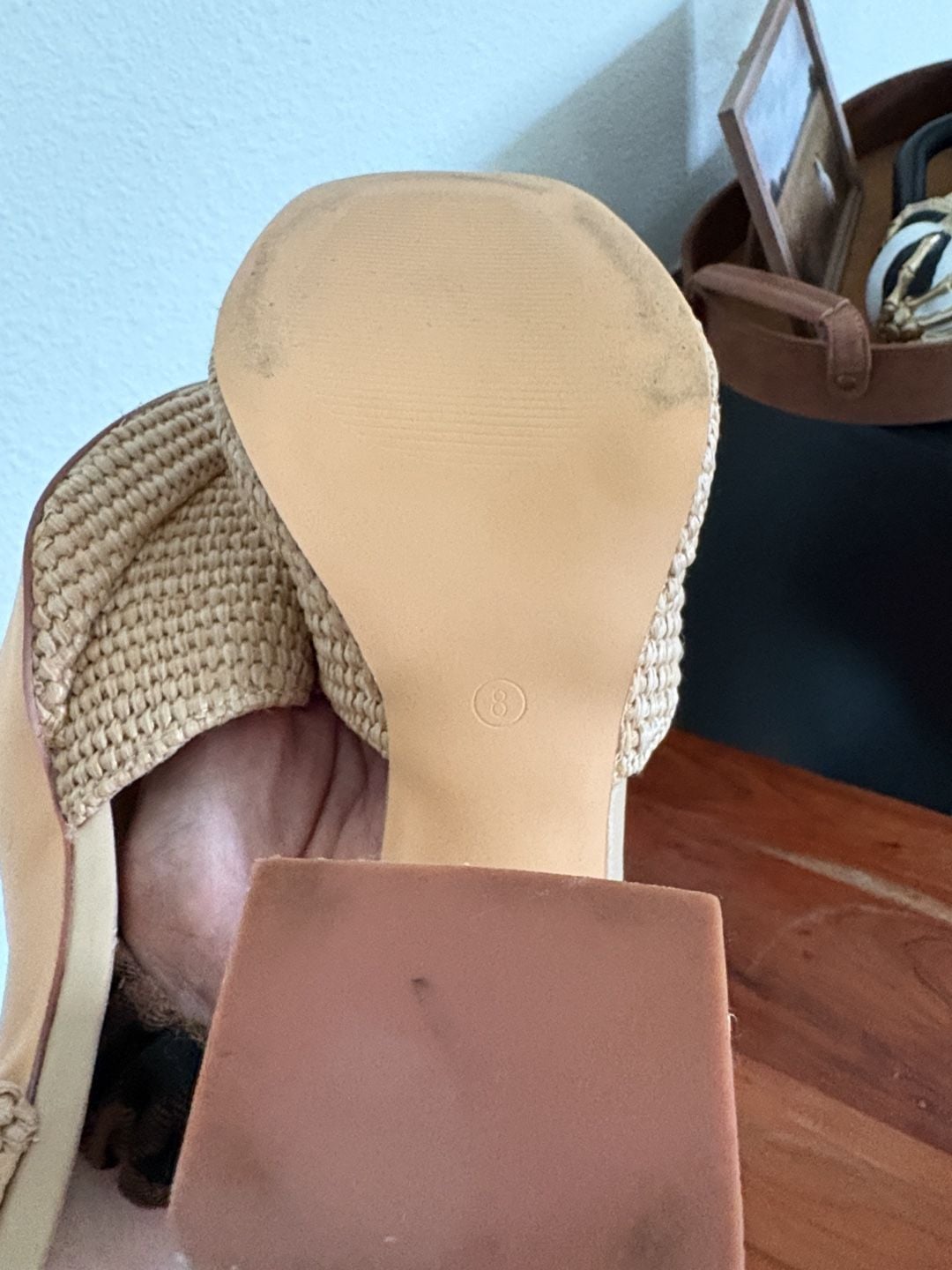 Woven Rattan Square Toe Block Heel Sandals Size 8 Beige 7