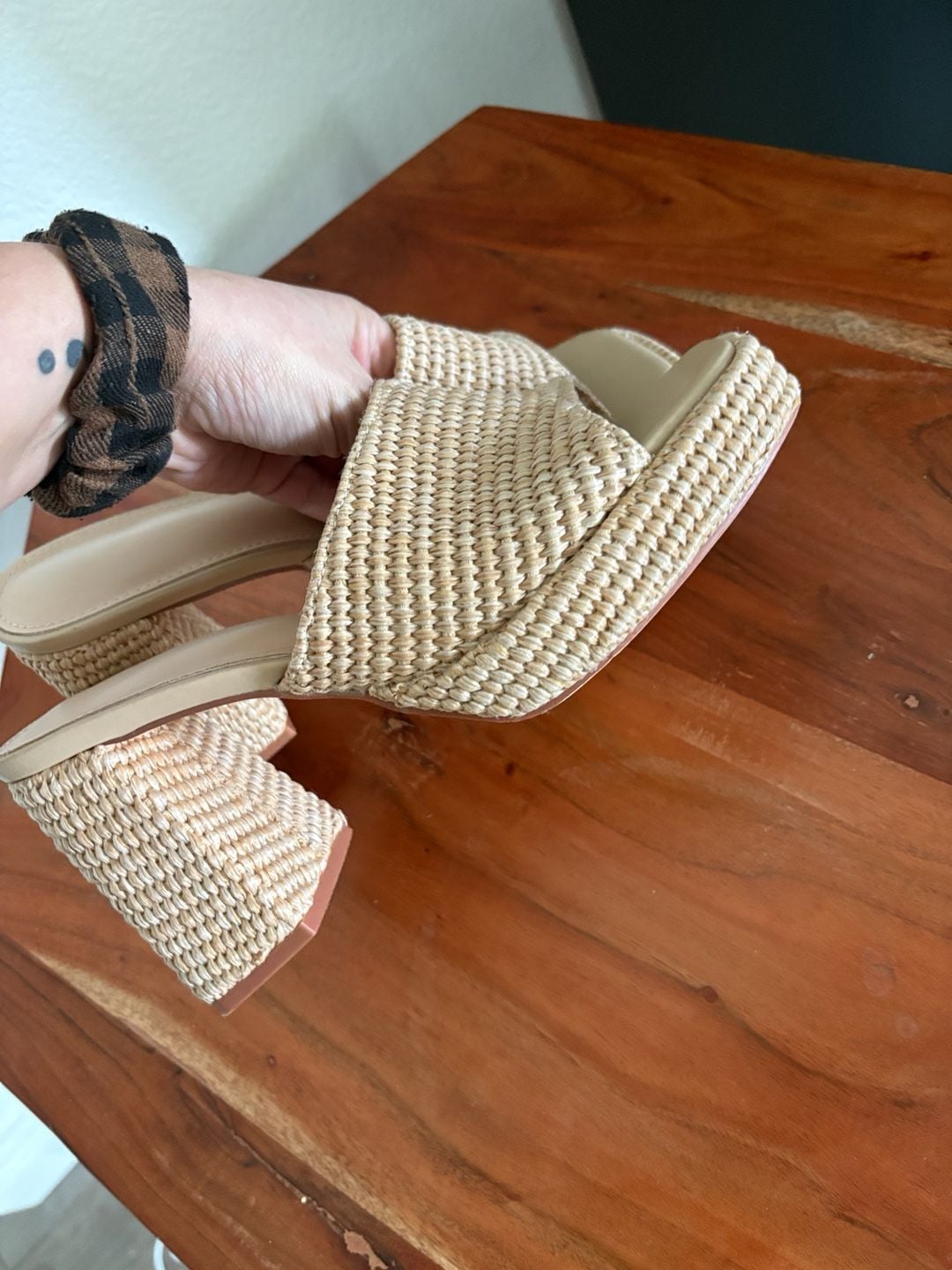 Woven Rattan Square Toe Block Heel Sandals Size 8 Beige 8