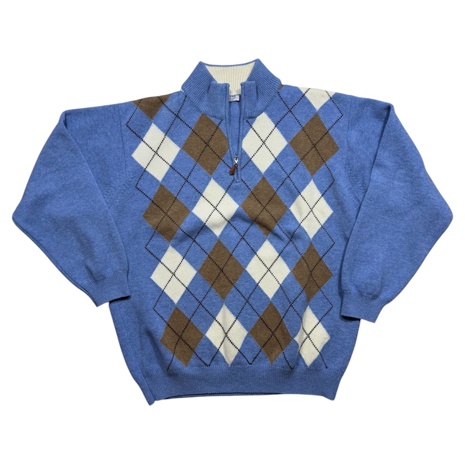 Gran Sasso Argyle Quarter Zip Sweater Blue Brown Size L 2