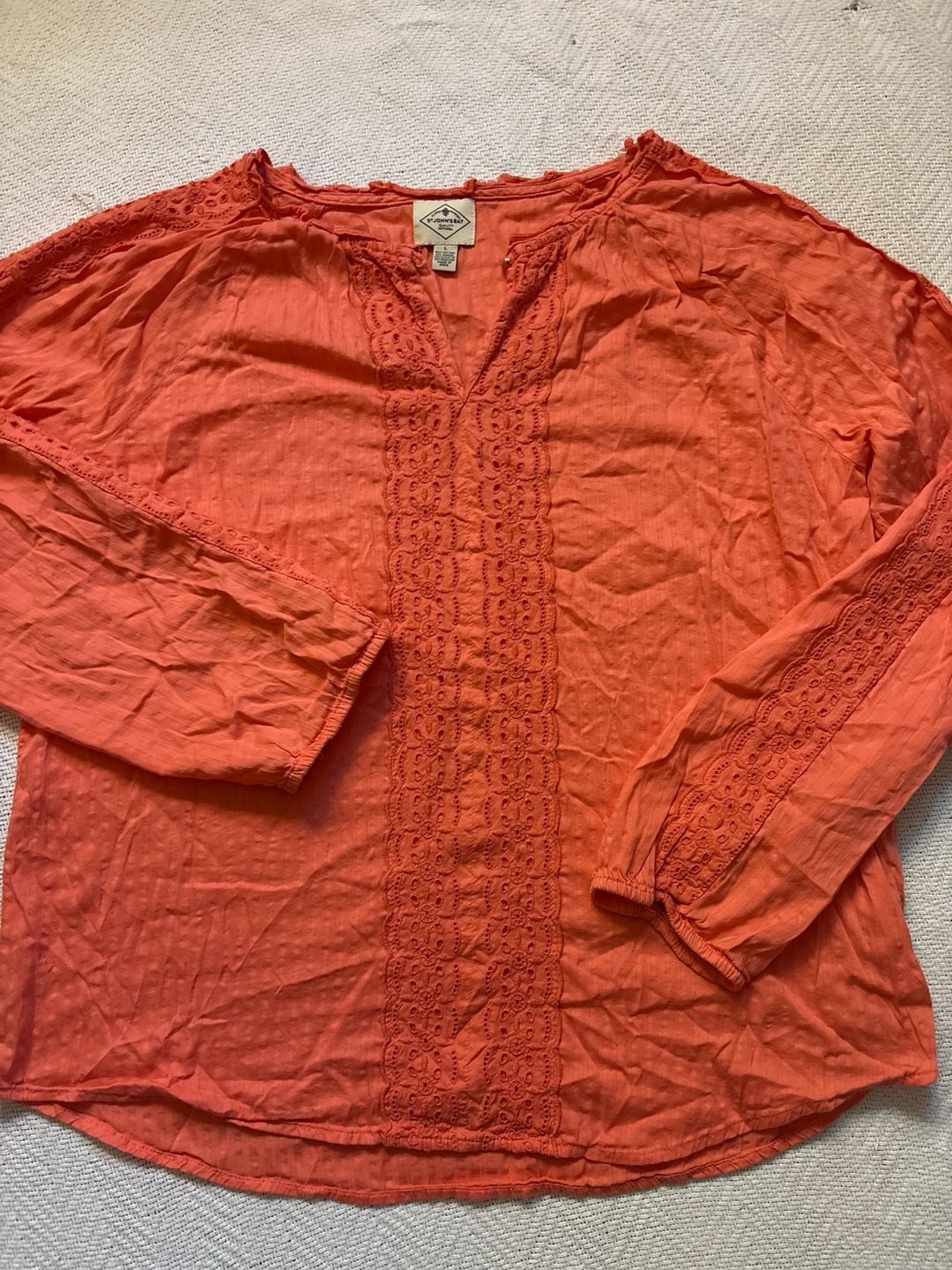 St. John's Bay Blouse Size L Coral Eyelet Trim Long Sleeve Cotton Modal 2