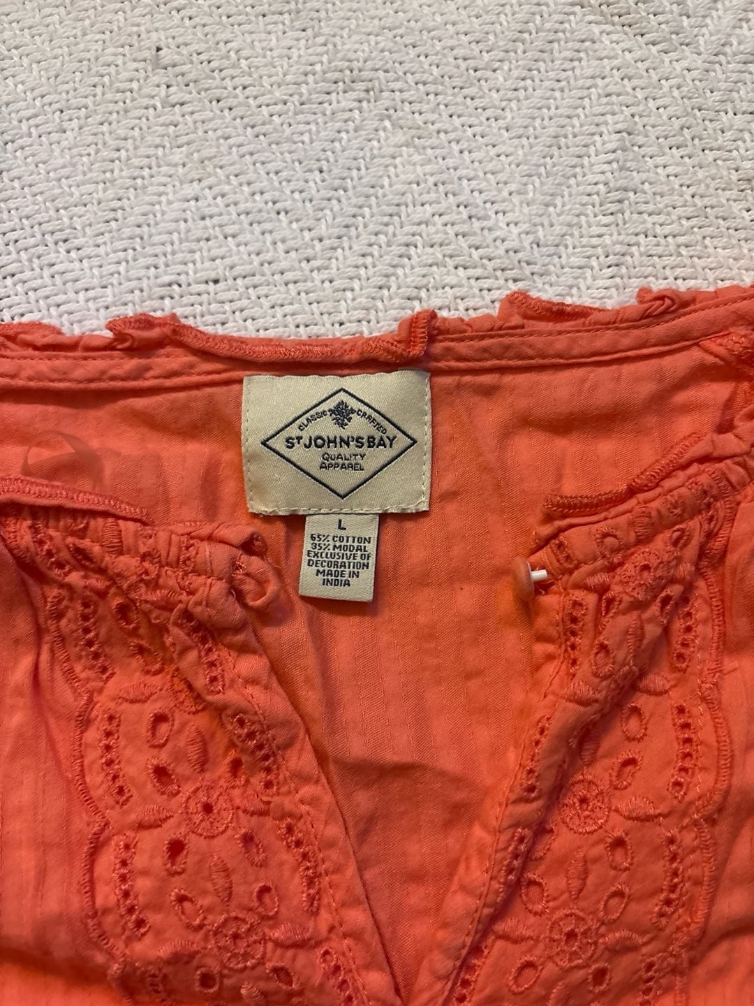 St. John's Bay Blouse Size L Coral Eyelet Trim Long Sleeve Cotton Modal 3