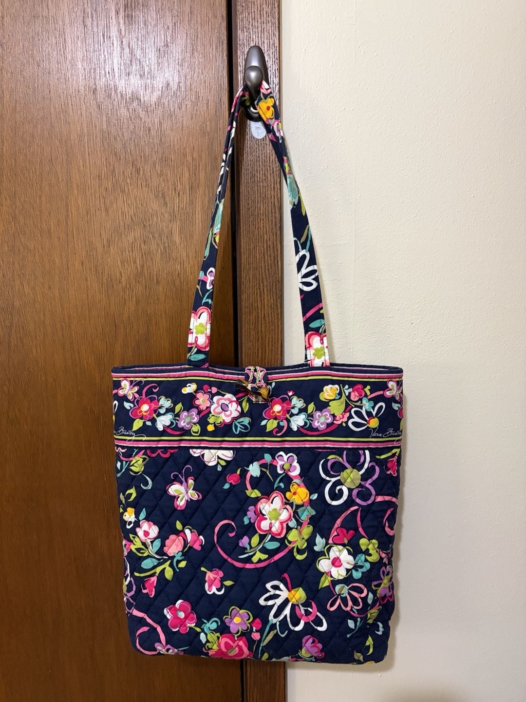 Vera Bradley Quilted Floral Tote Bag Navy Blue Pink 2