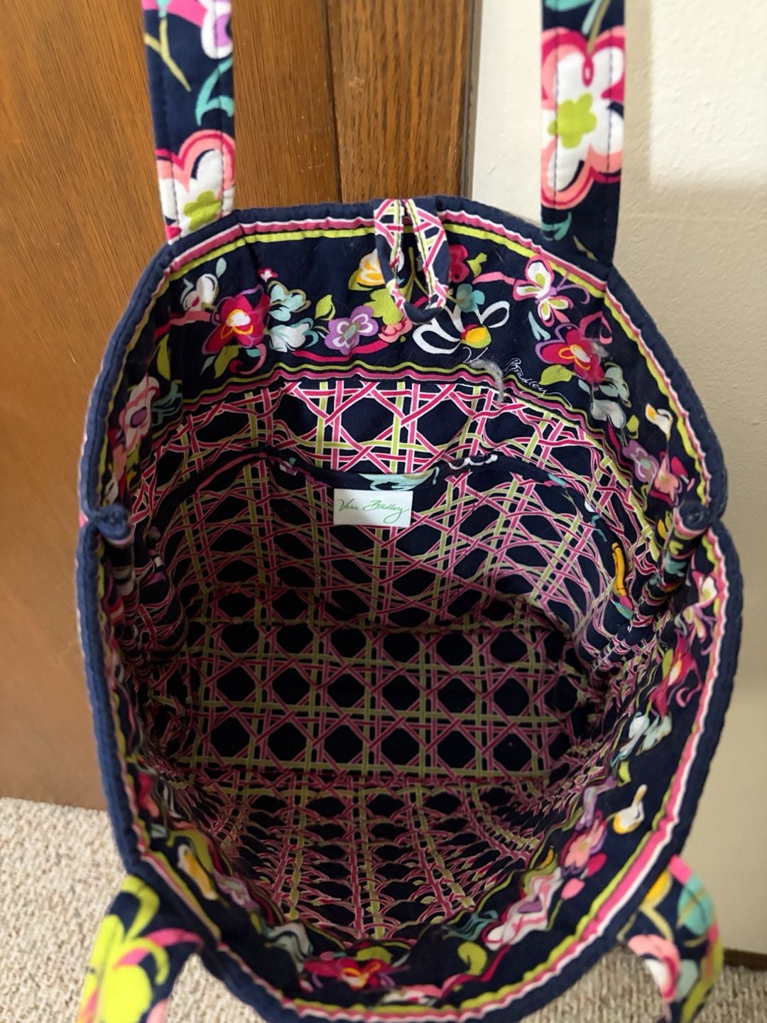 Vera Bradley Quilted Floral Tote Bag Navy Blue Pink 3