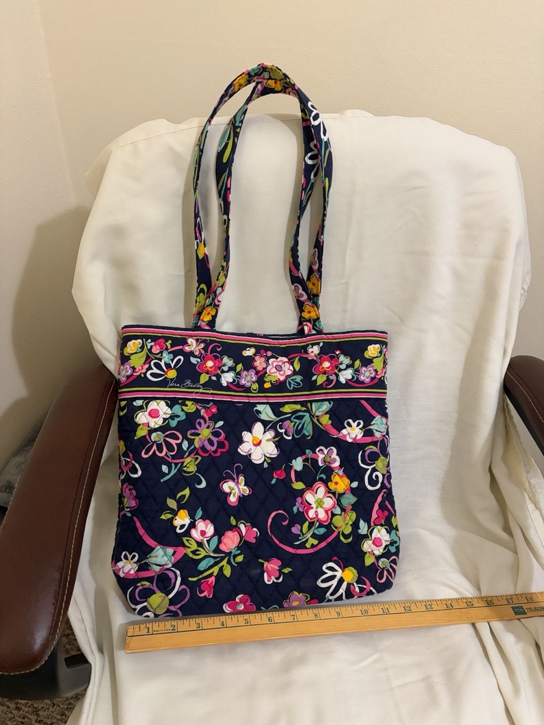Vera Bradley Quilted Floral Tote Bag Navy Blue Pink 4