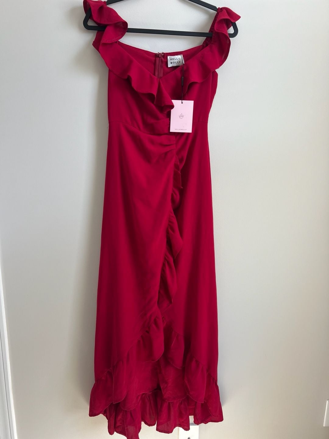 NWT Hello Molly Ruffle Maxi Dress US 6 Red Off Shoulder High Low 2