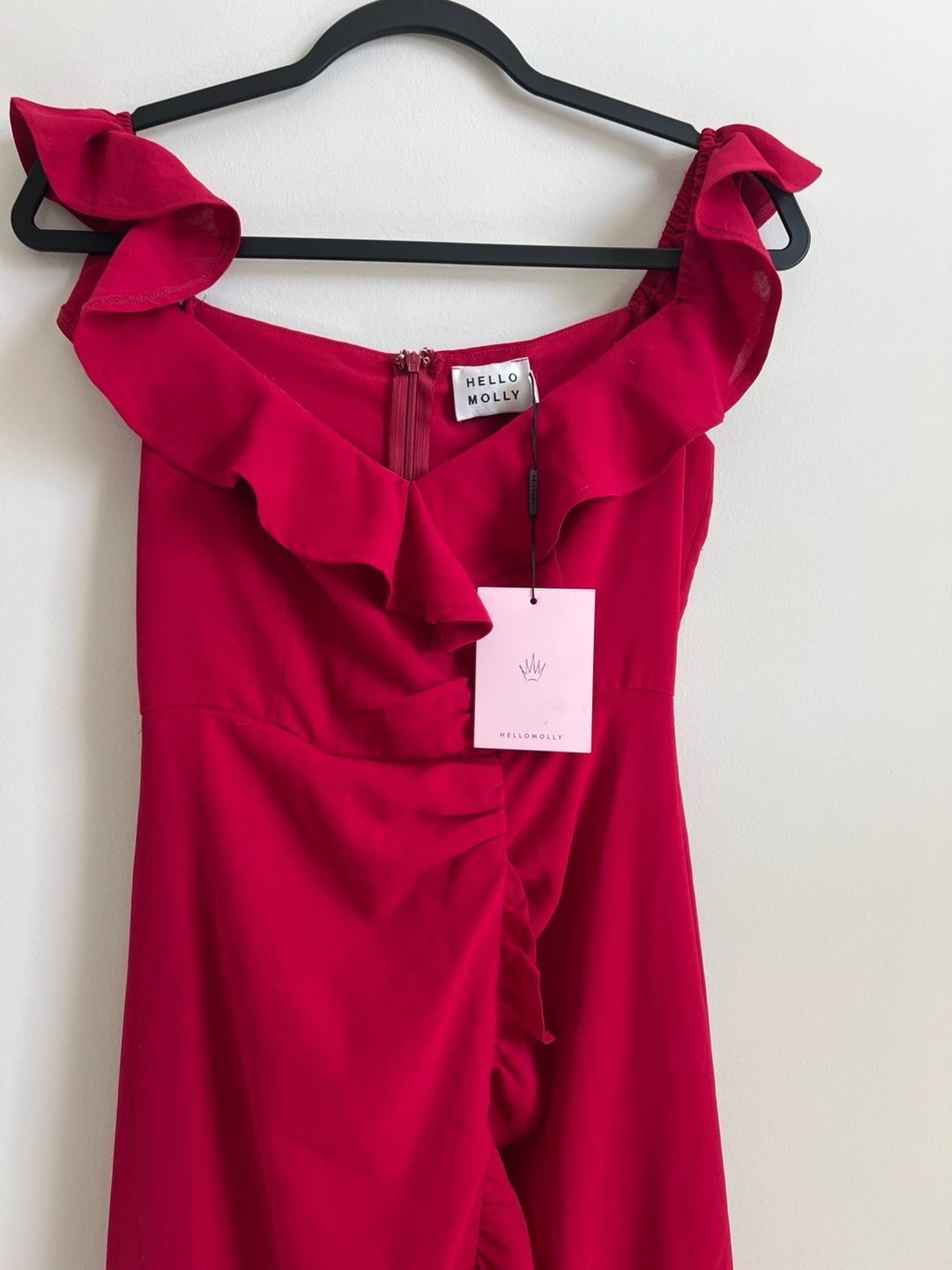 NWT Hello Molly Ruffle Maxi Dress US 6 Red Off Shoulder High Low 3