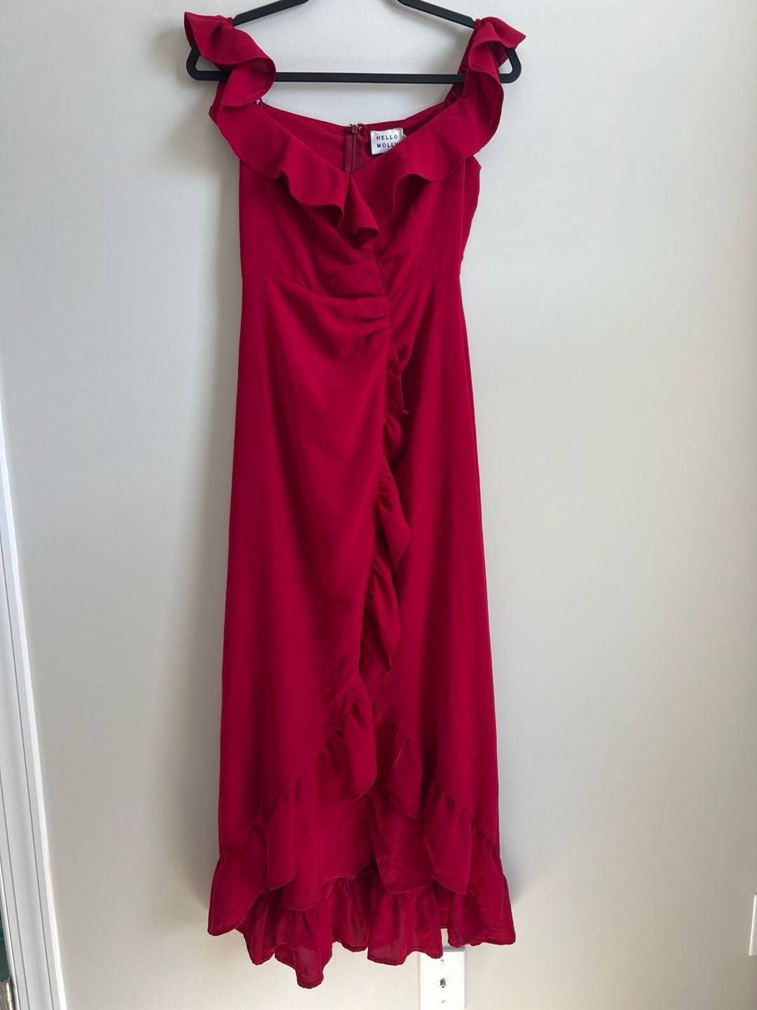 NWT Hello Molly Ruffle Maxi Dress US 6 Red Off Shoulder High Low 7