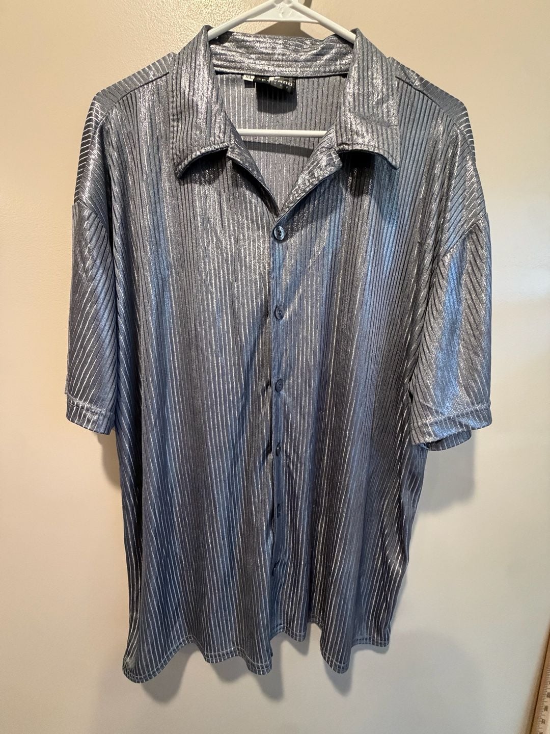 Vintage Positano Metallic Pleated Short Sleeve Button Down Shirt Size XL 2