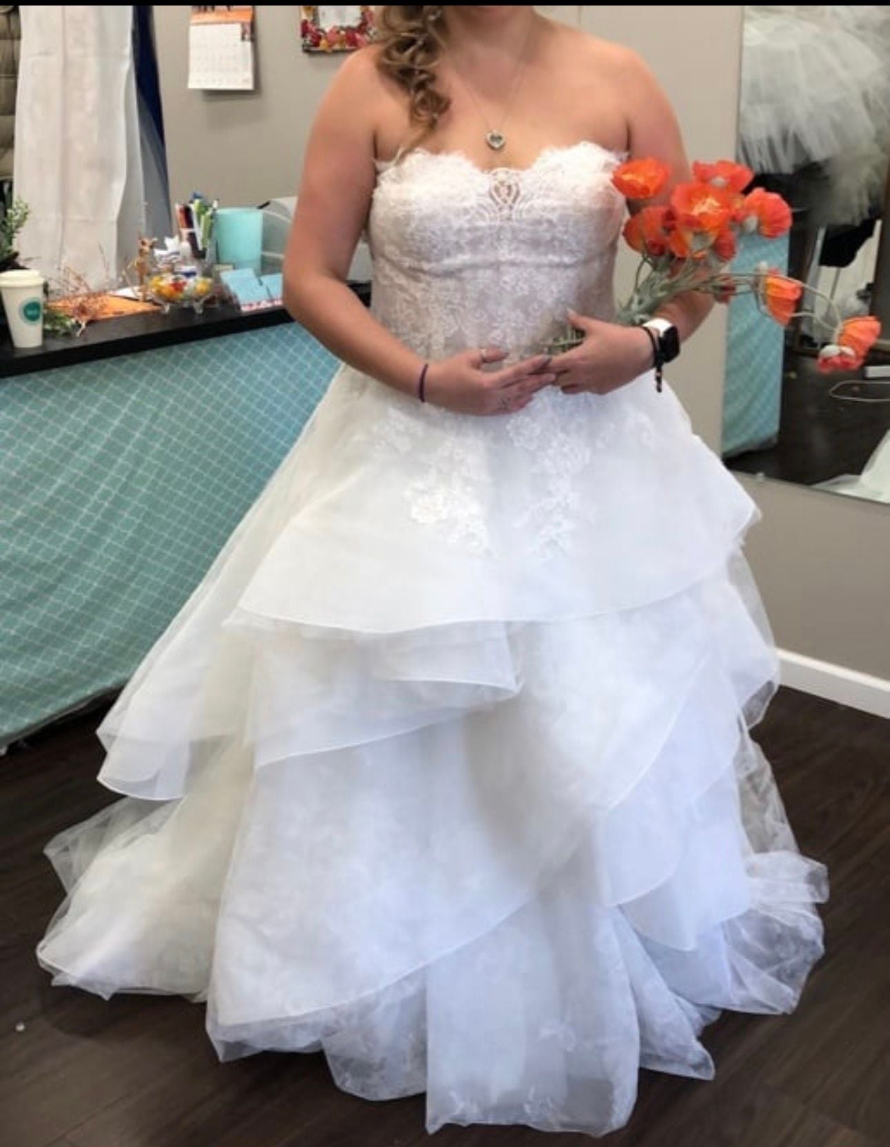 David's Bridal Oleg Cassini Strapless Tiered Lace Wedding Dress White/Ivory 2