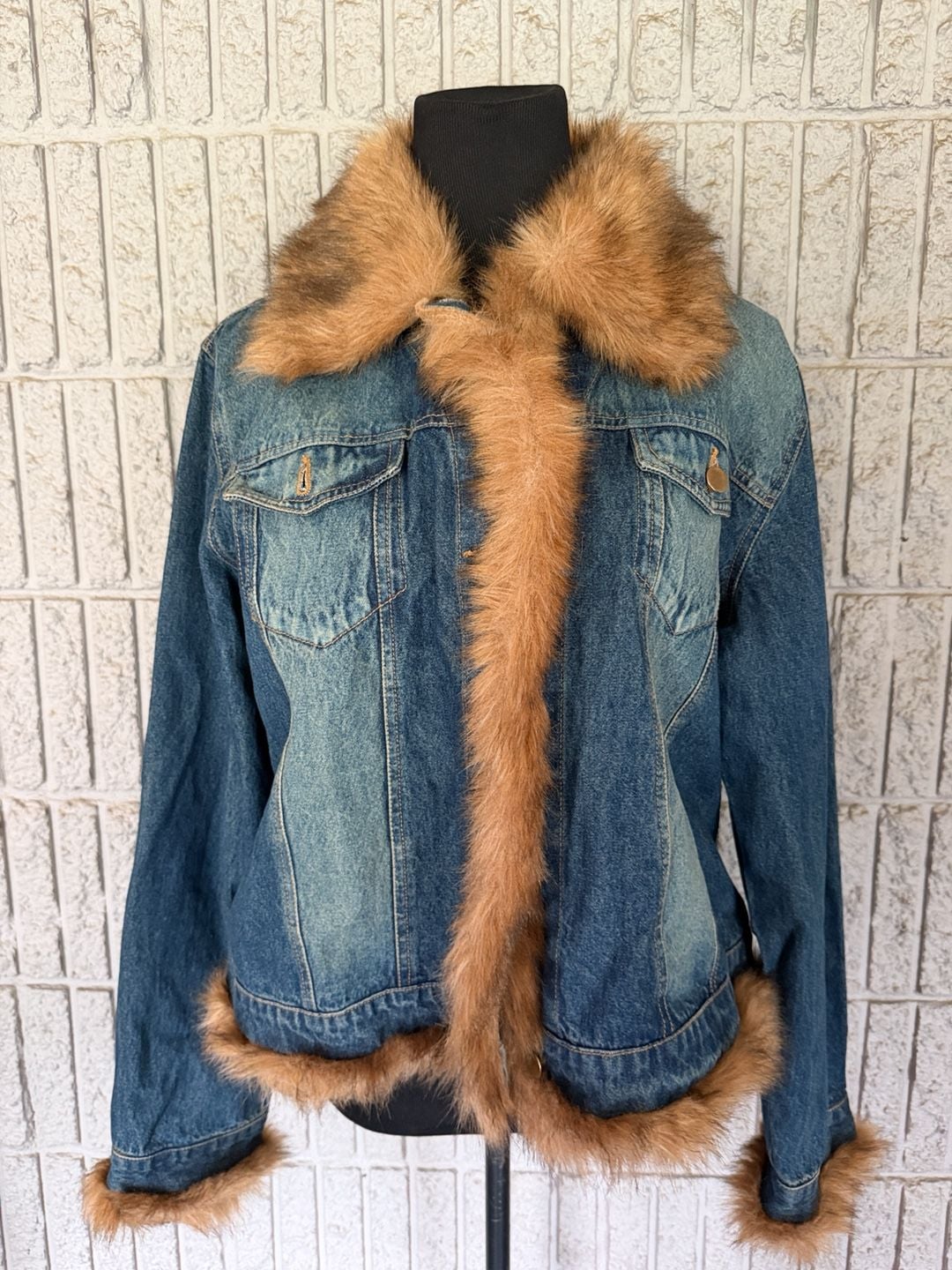 925 Moka Sport Faux Fur Trim Denim Jacket XL Blue 2