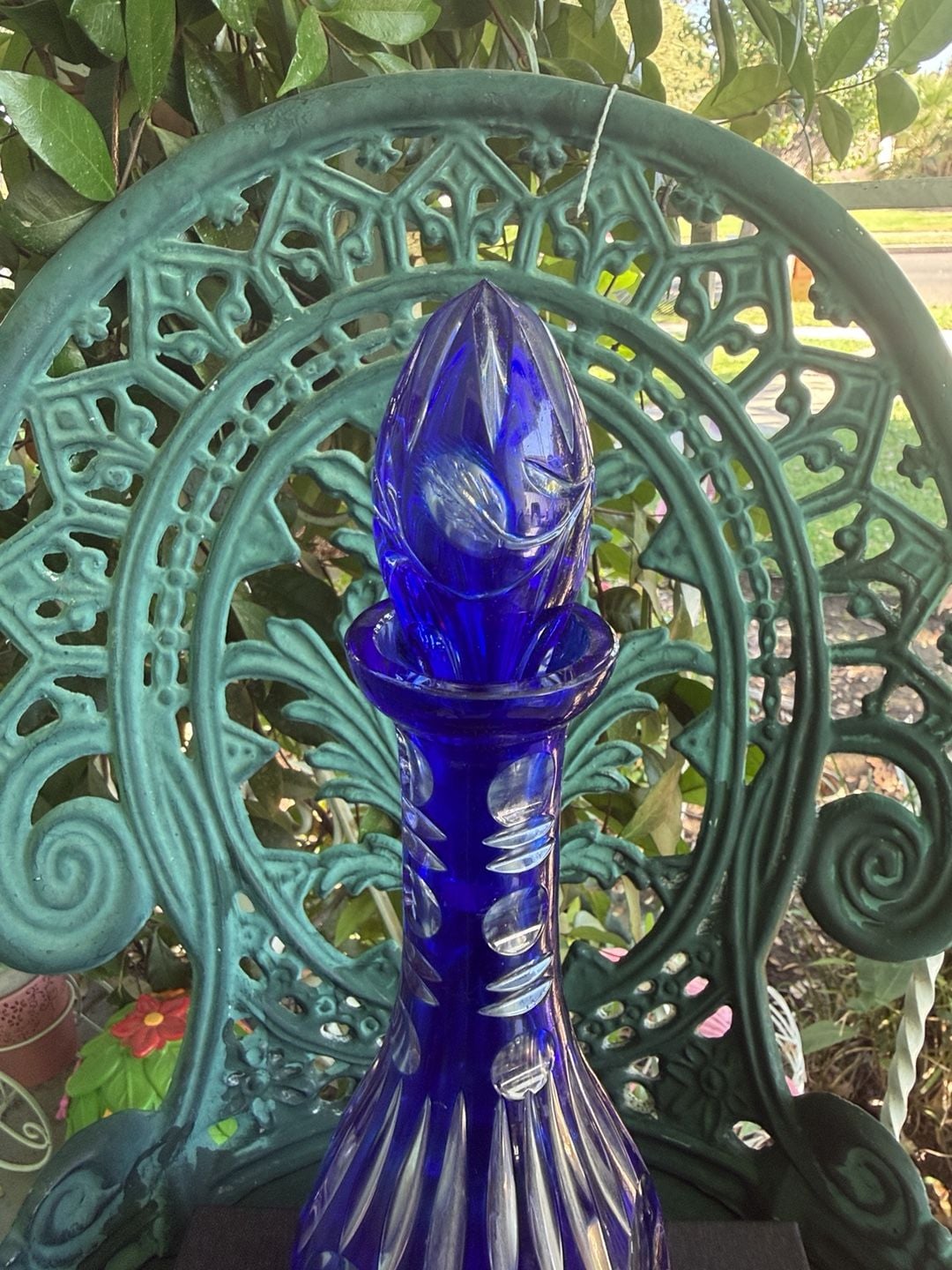 Vintage Cobalt Blue Cut Crystal Decanter With Stopper 2