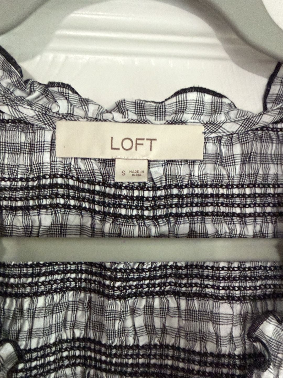 LOFT Plaid Smocked Tank Top Size S Black White Ruffle Crop 3