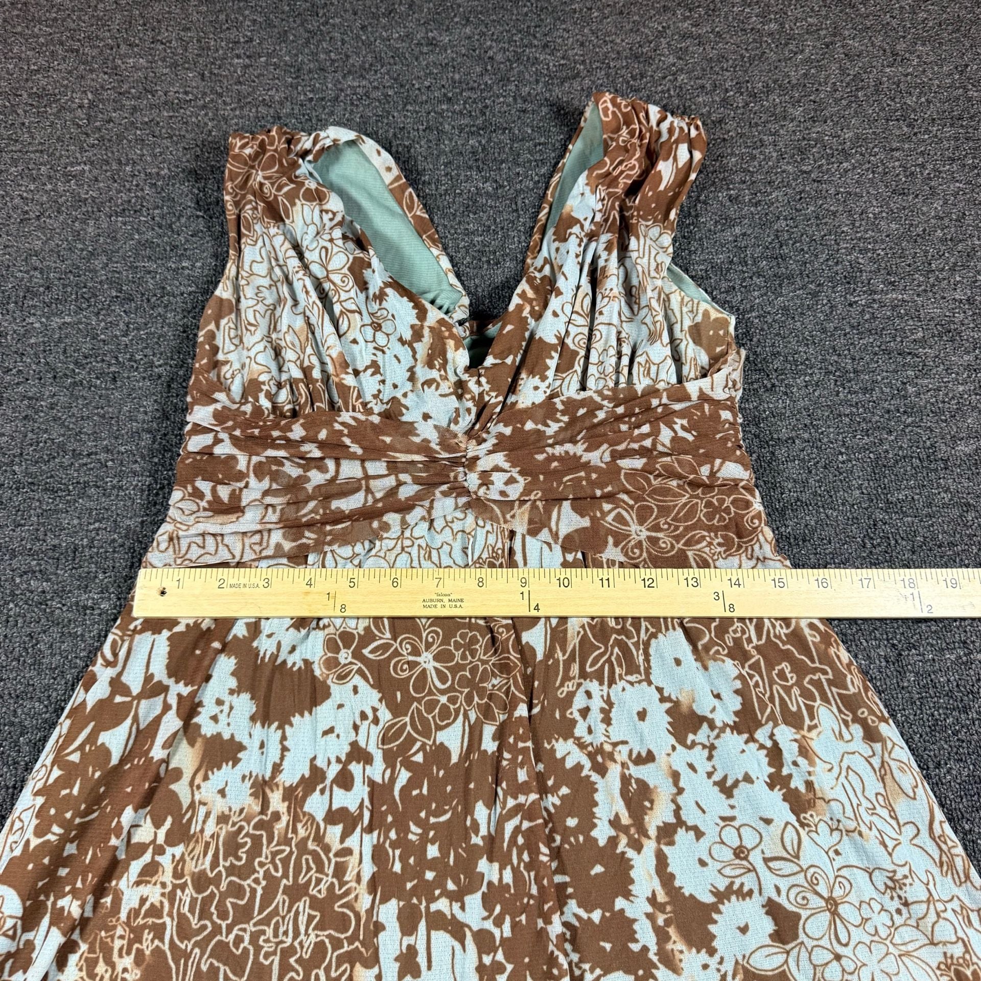 Weston Wear 2000s Floral Dress Size L Brown Blue V-Neck Sleeveless Empire Waist 4