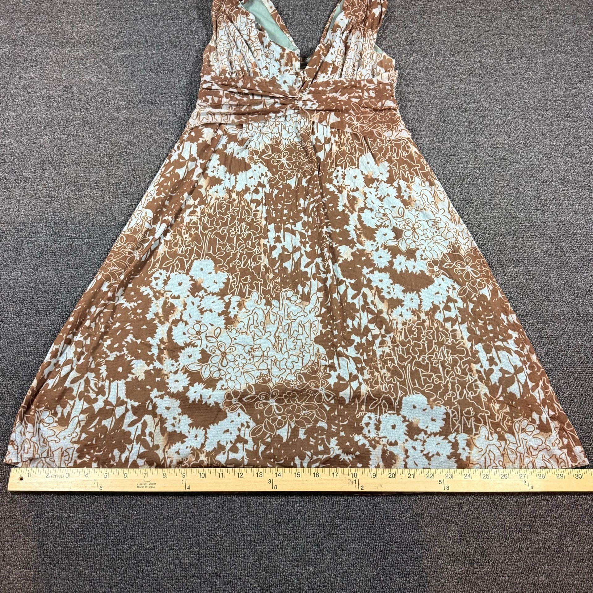 Weston Wear 2000s Floral Dress Size L Brown Blue V-Neck Sleeveless Empire Waist 6