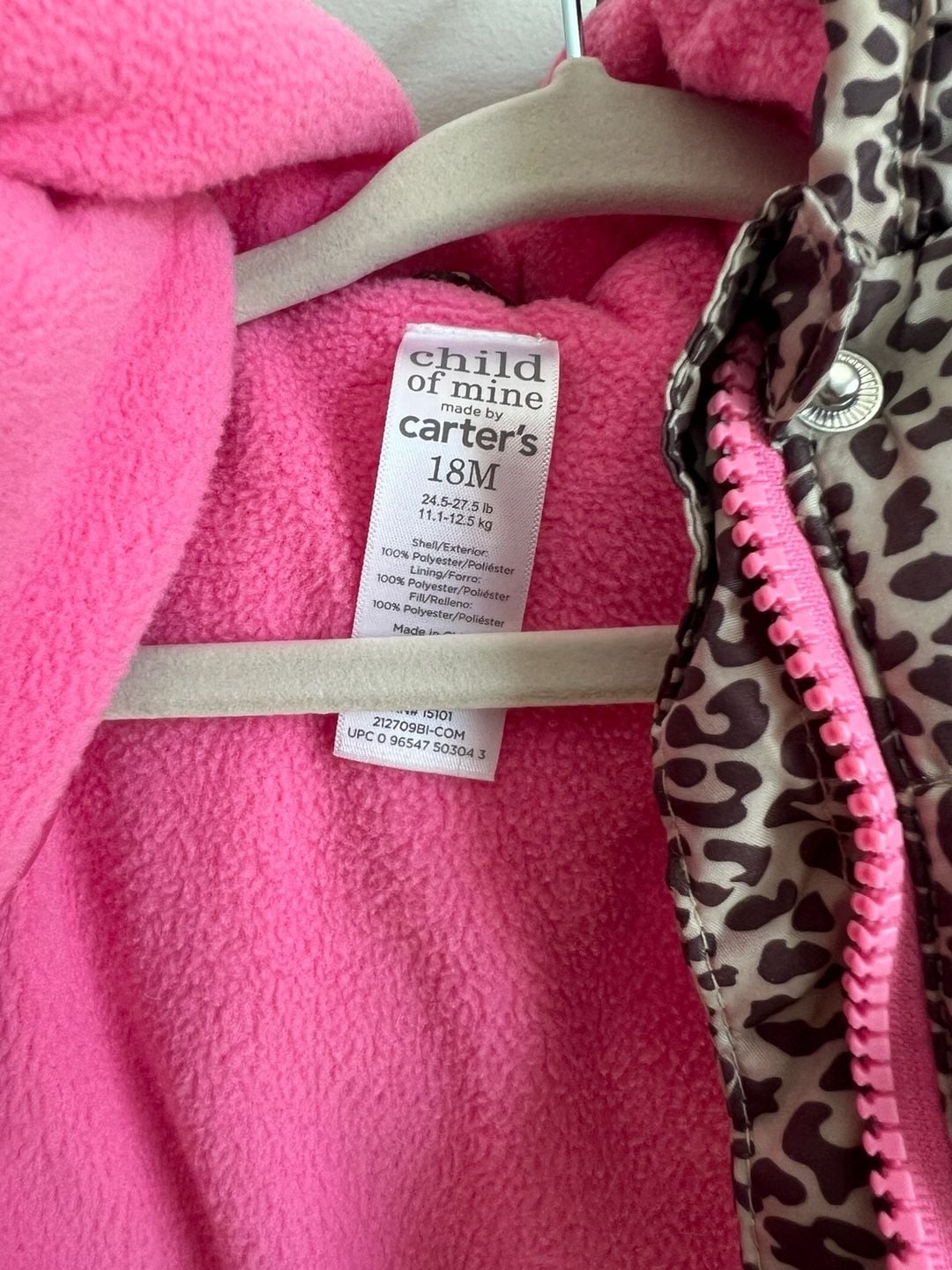 Child Of Mine Made By Carter's Puffer Jacket Size 18M Leopard Print 6