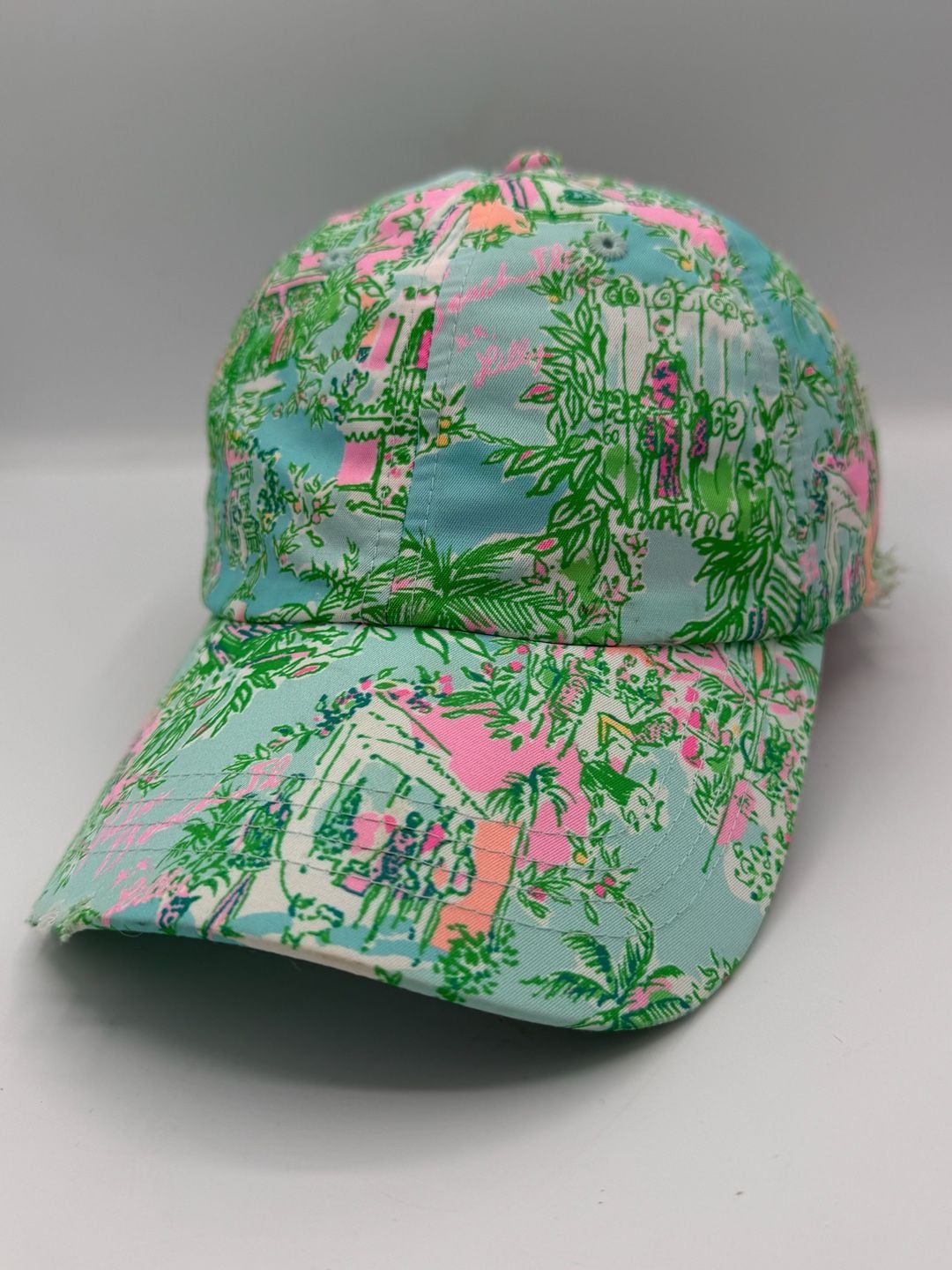Lilly Pulitzer Baseball Cap Hat Pink Blue Green Tropical Print Distressed 2