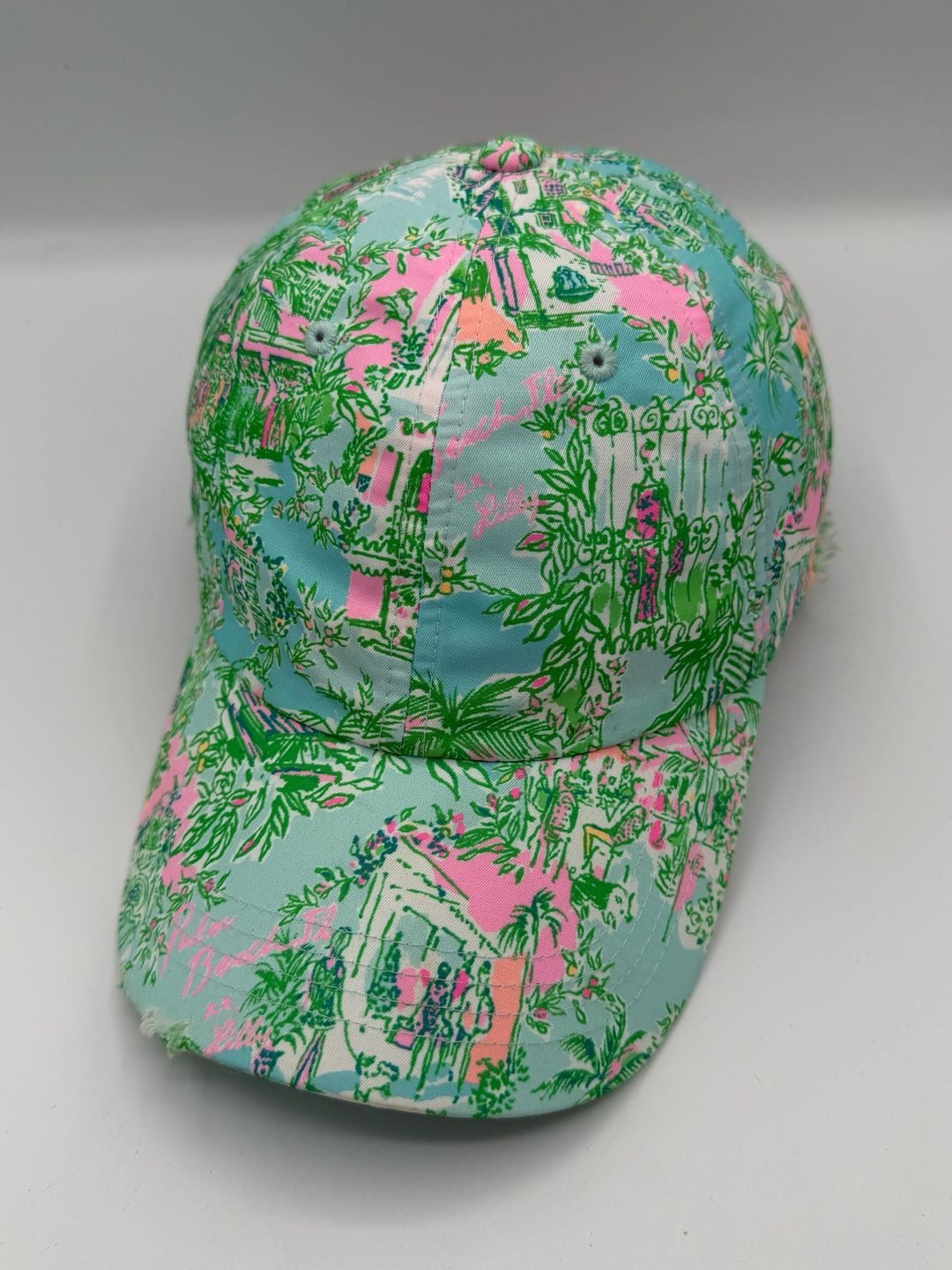 Lilly Pulitzer Baseball Cap Hat Pink Blue Green Tropical Print Distressed 3
