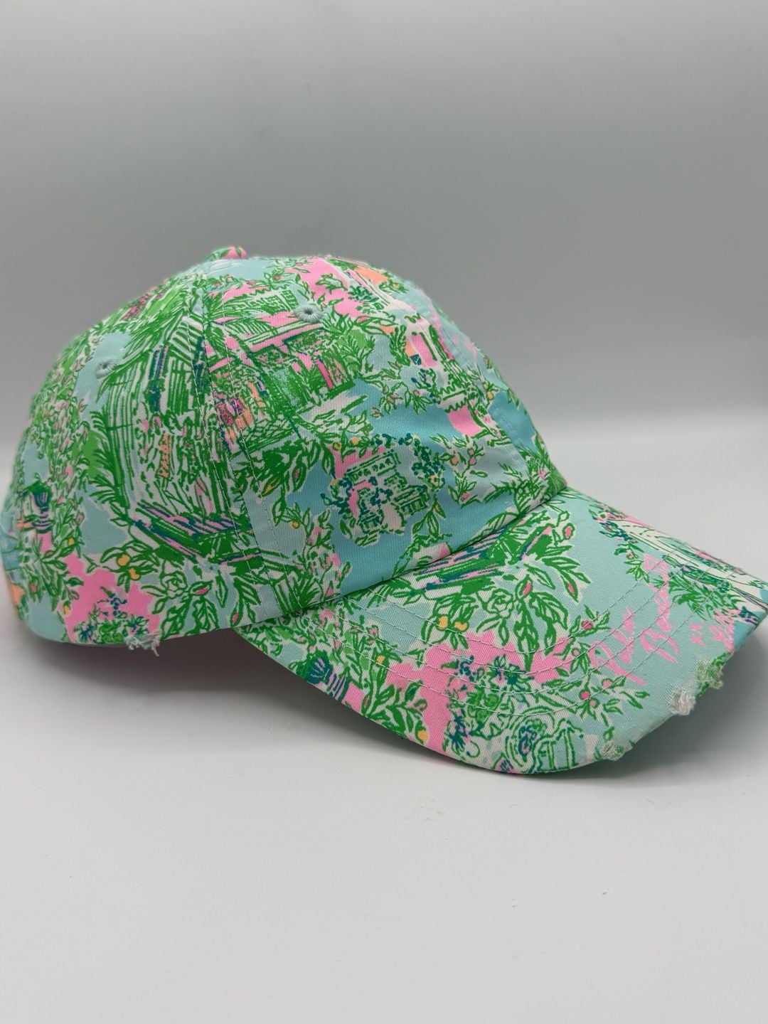 Lilly Pulitzer Baseball Cap Hat Pink Blue Green Tropical Print Distressed 4