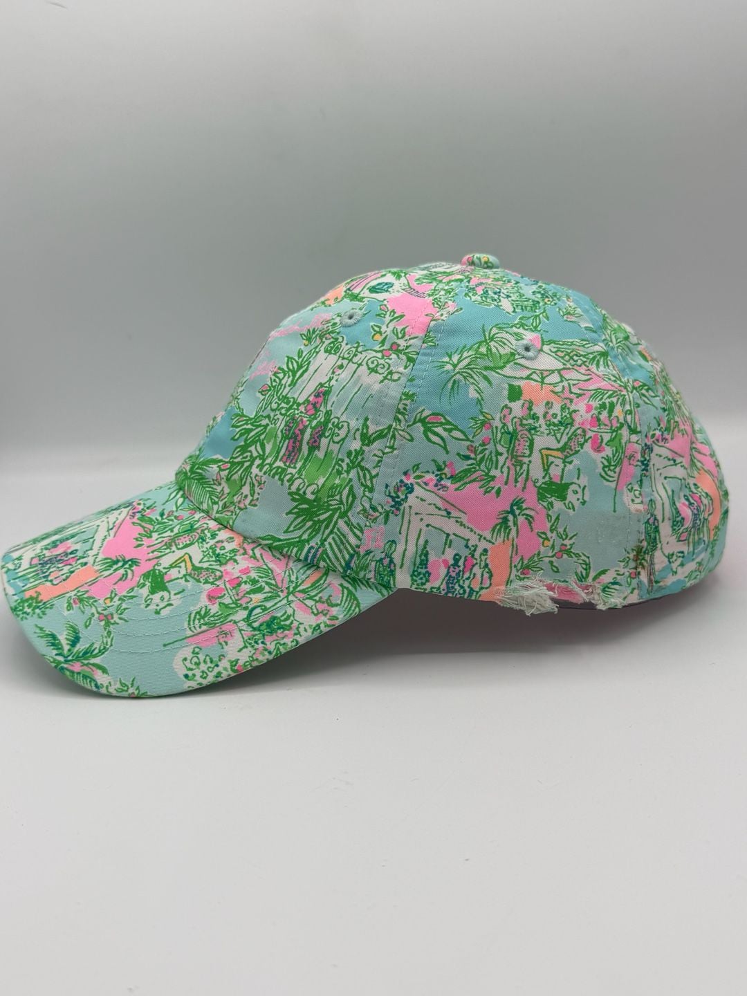 Lilly Pulitzer Baseball Cap Hat Pink Blue Green Tropical Print Distressed 5