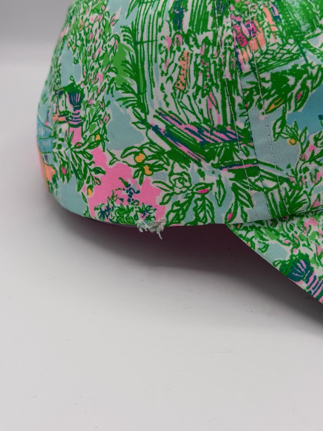 Lilly Pulitzer Baseball Cap Hat Pink Blue Green Tropical Print Distressed 9
