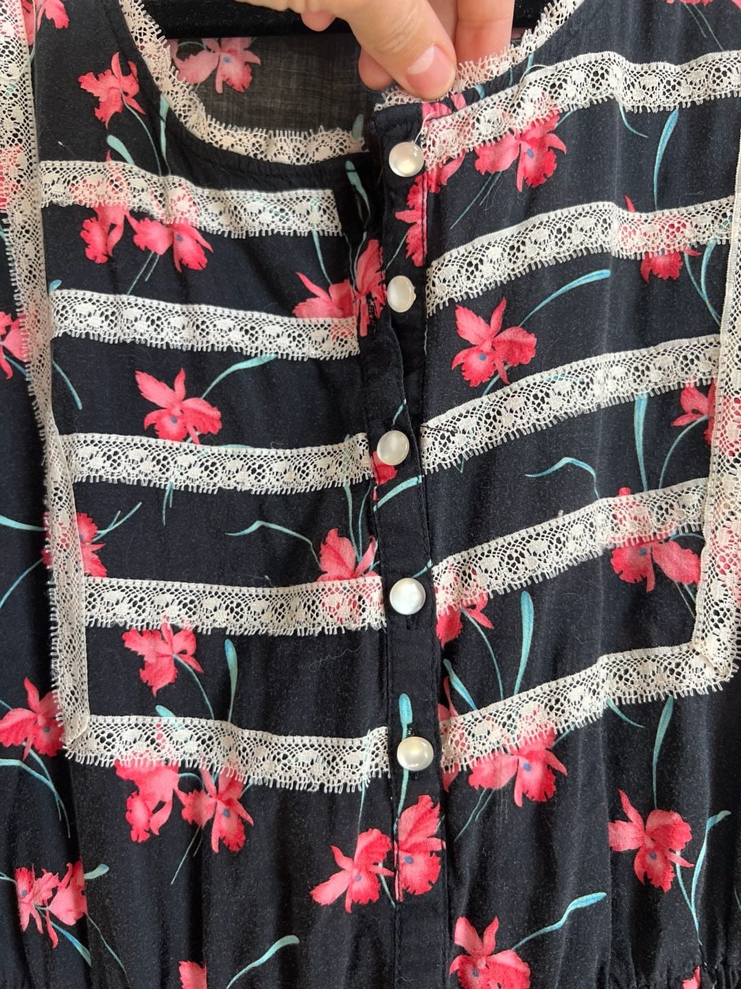 Free People Floral Dress Black Pink Lace Trim Size S 4