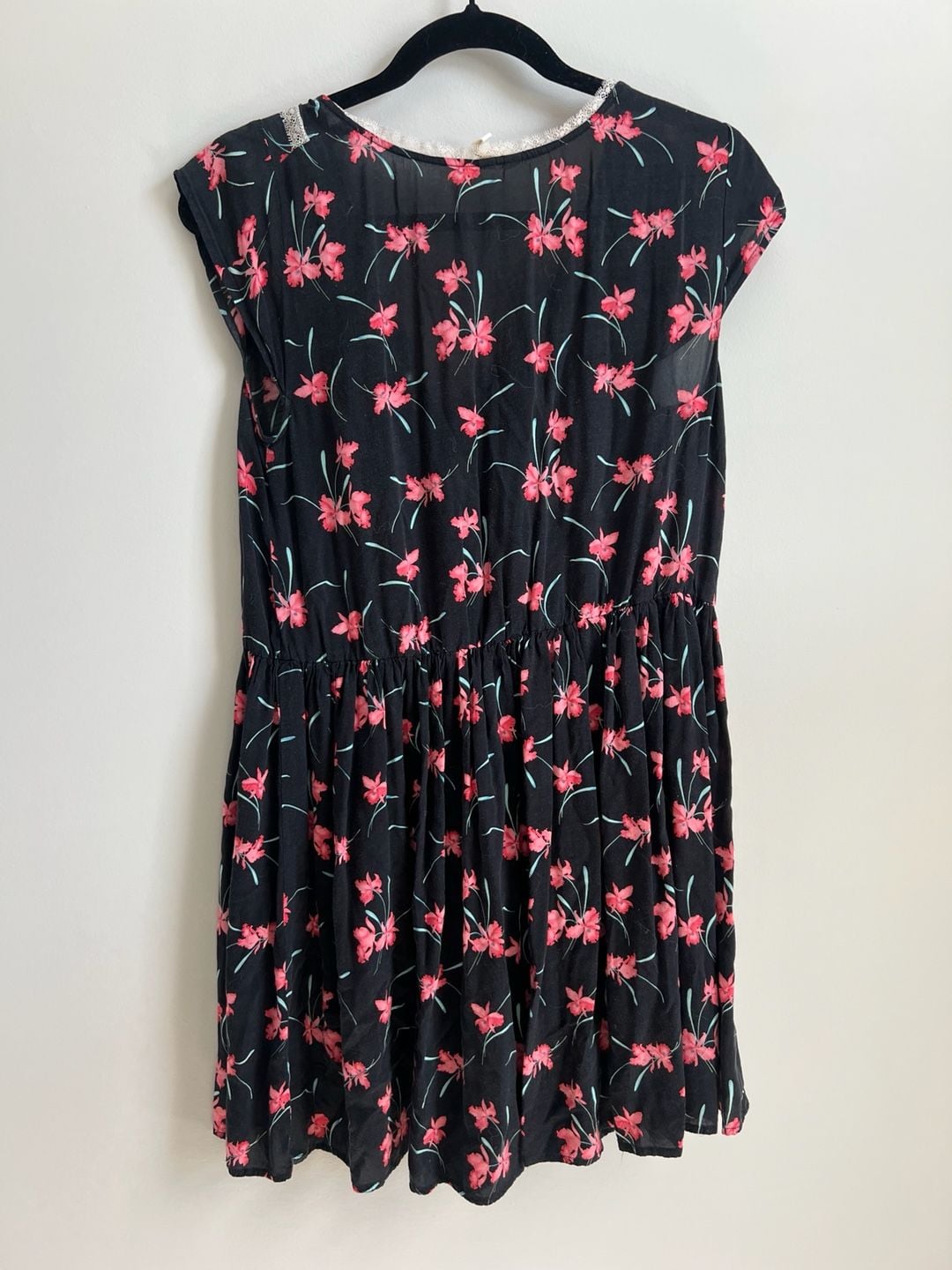 Free People Floral Dress Black Pink Lace Trim Size S 5