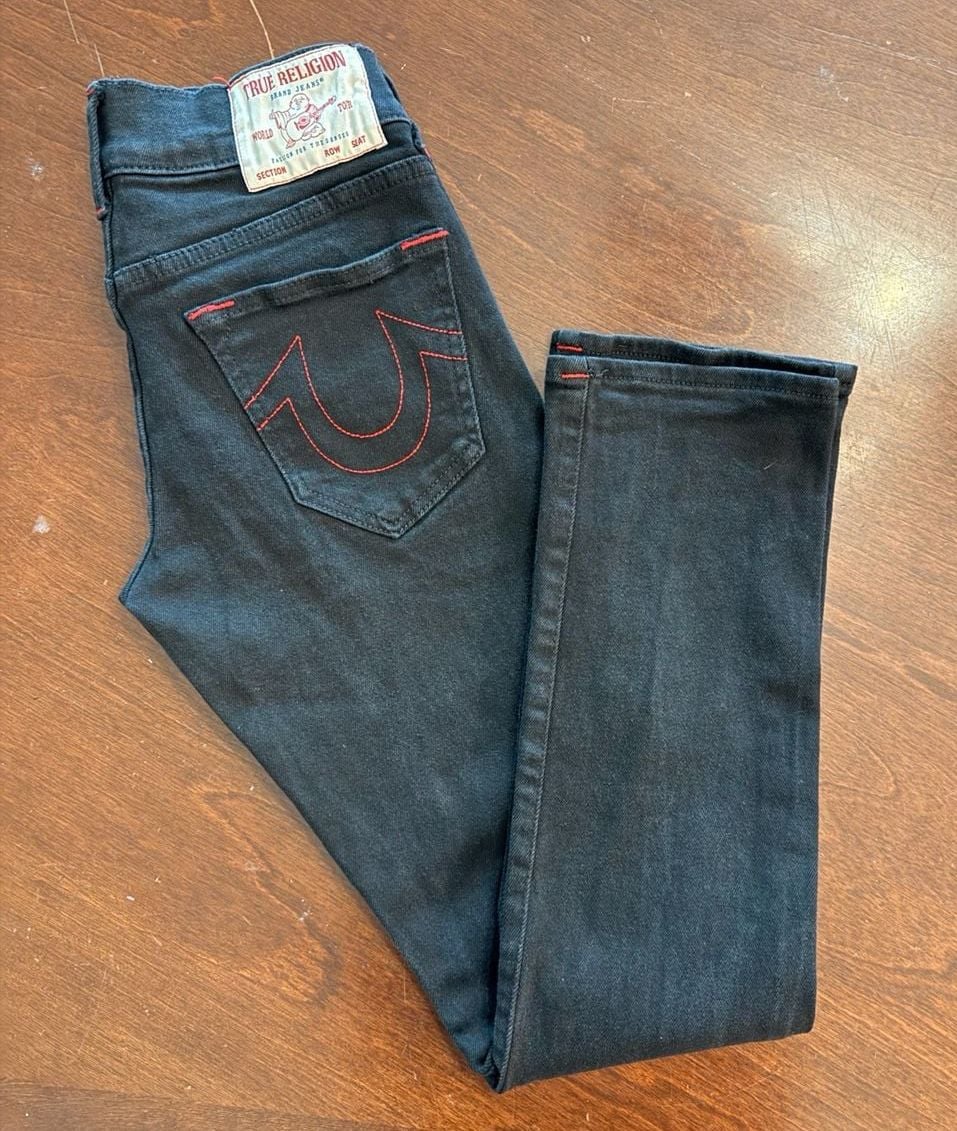 True Religion Ricky Relaxed Straight Jeans Size 28 Black Red Stitch 1