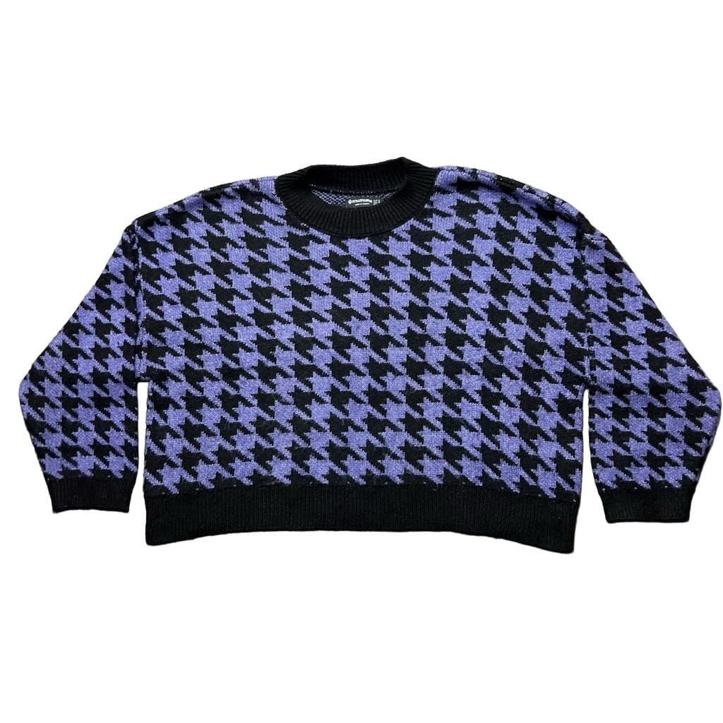 Stradivarius Houndstooth Crewneck Sweater Size s Purple Black Knit Sweatshirt 2