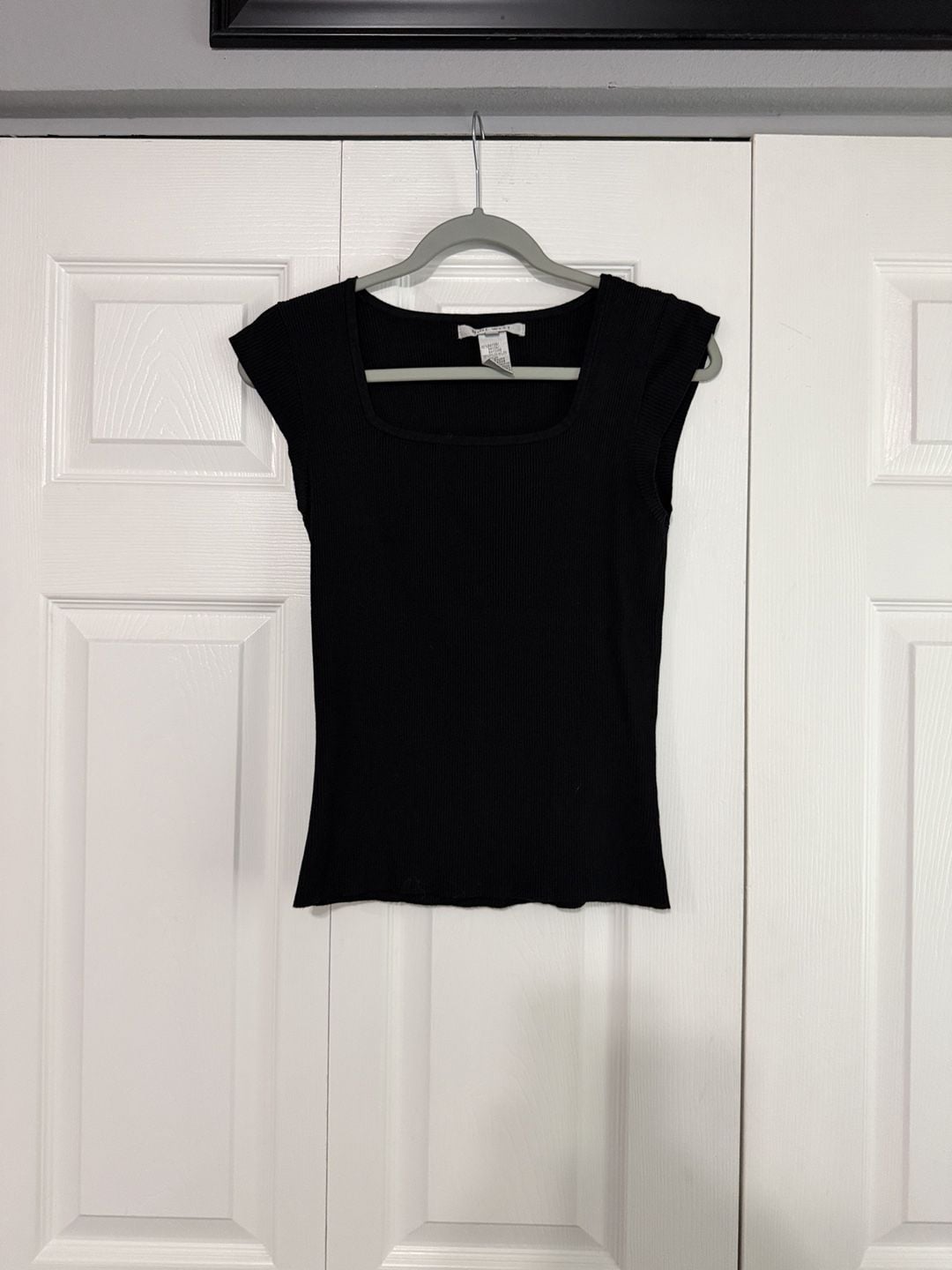 Nine West Ribbed Top Size M Black Square Neck Cap Sleeve 2