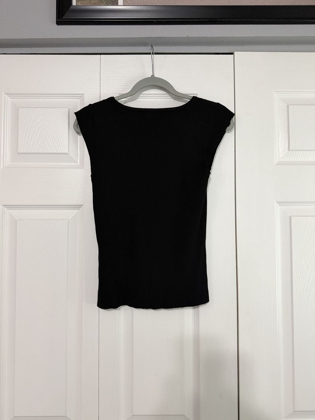 Nine West Ribbed Top Size M Black Square Neck Cap Sleeve 4
