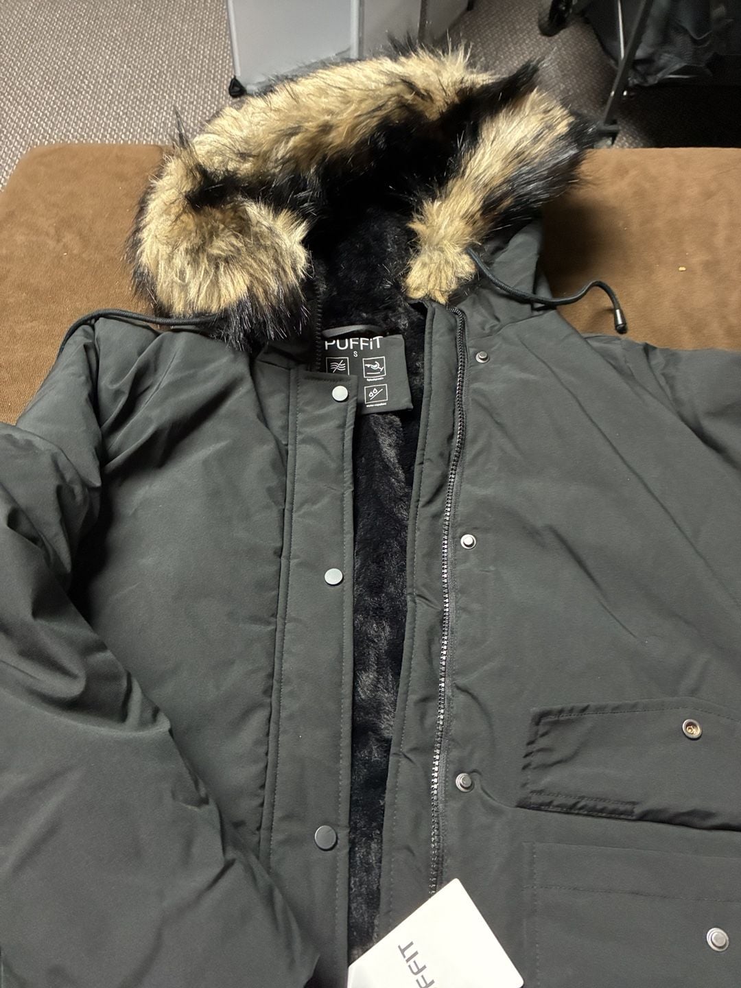 Puffit Faux Fur Hooded Parka Jacket Size S Black 4