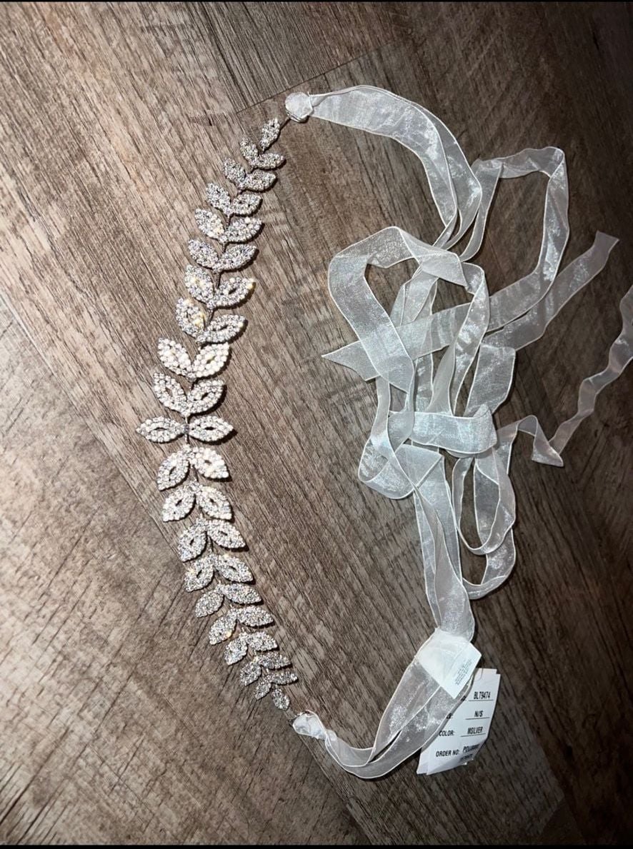 David's Bridal Crystal Floral Sash BLT9474 Metallic Silver N/S 1
