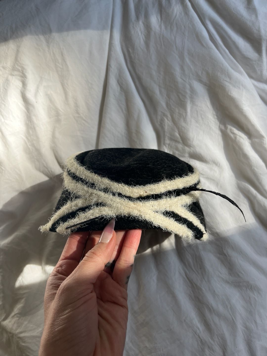 Vintage Black Felt Pillbox Hat with White Trim and Feather 3