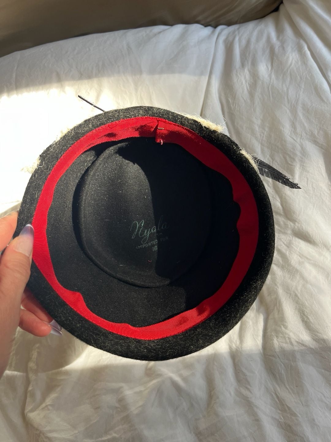 Vintage Black Felt Pillbox Hat with White Trim and Feather 5
