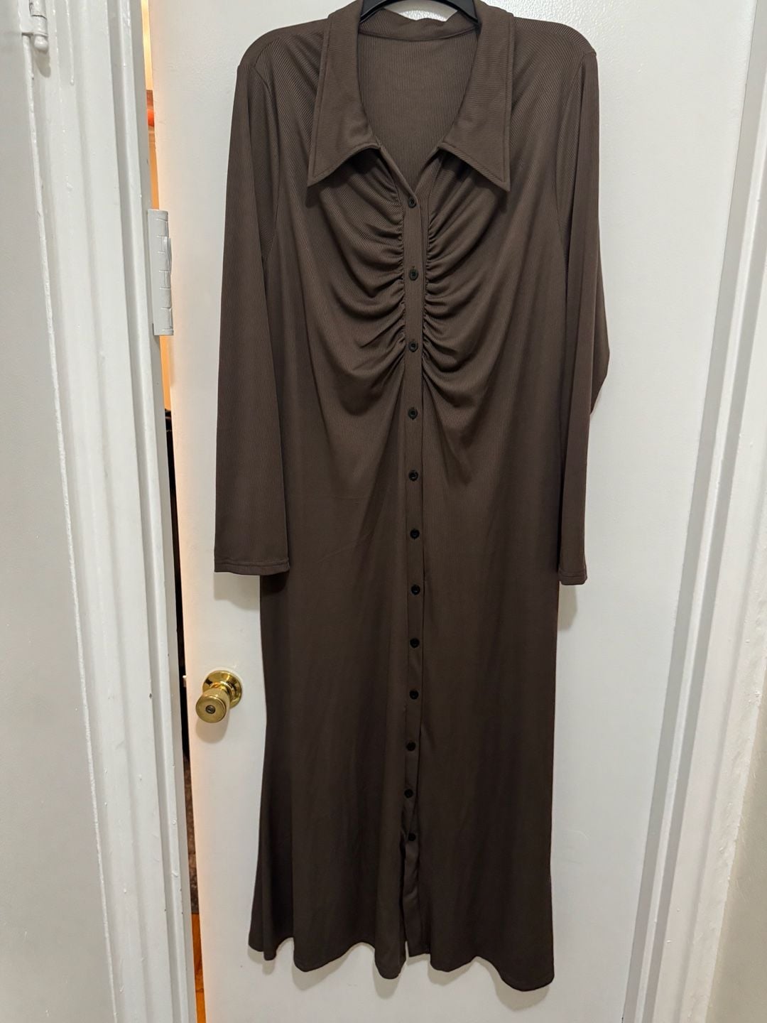 Brown Ribbed Long Sleeve Button Front Midi Shirt Dress 2