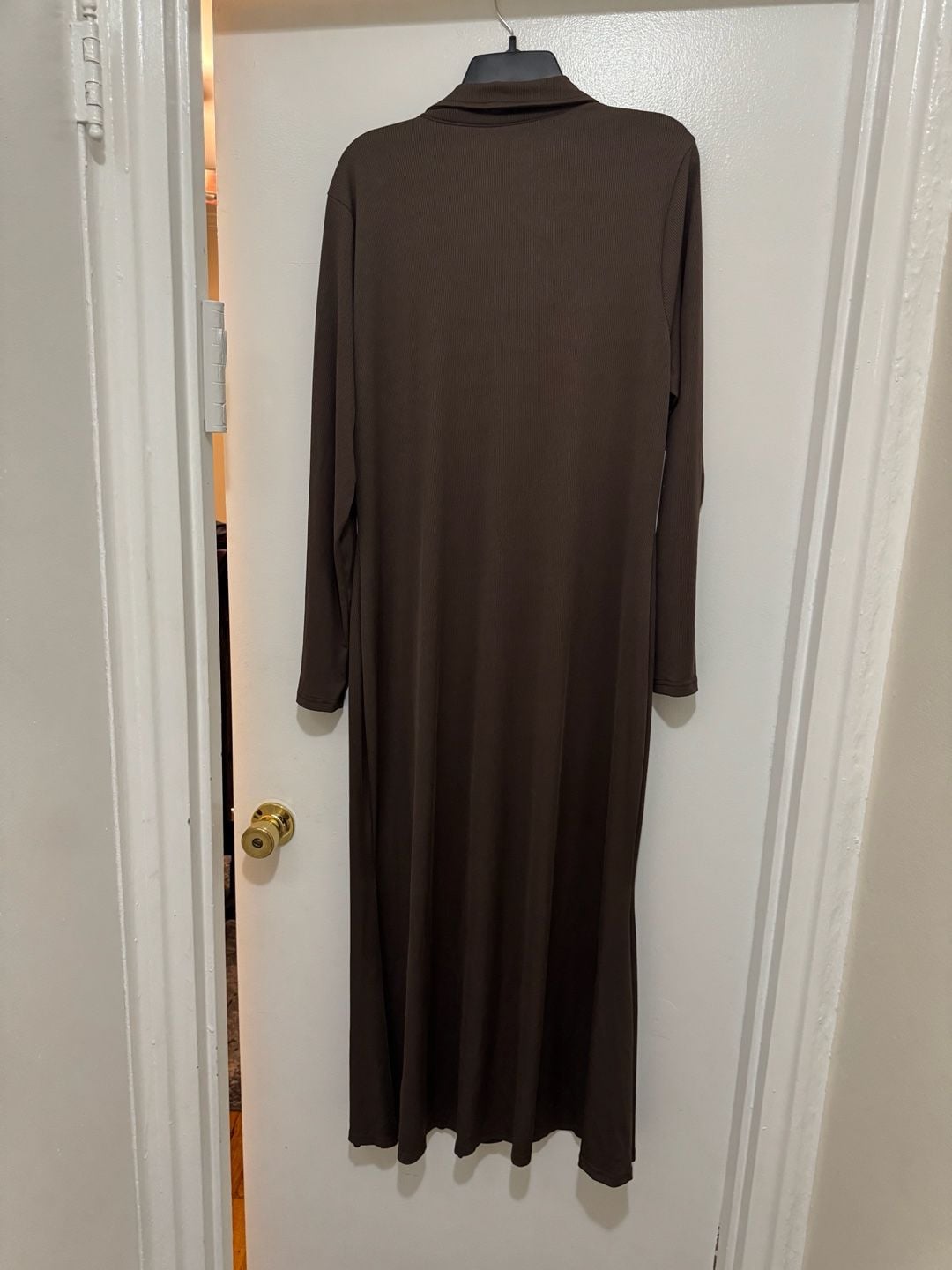Brown Ribbed Long Sleeve Button Front Midi Shirt Dress 3