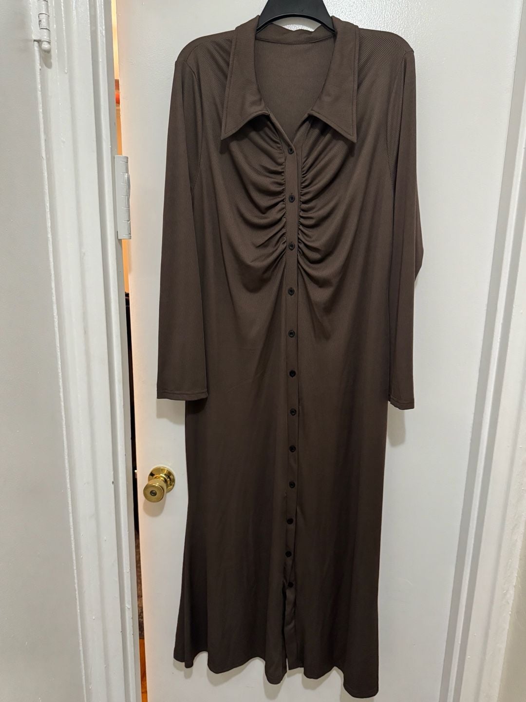 Brown Ribbed Long Sleeve Button Front Midi Shirt Dress 4