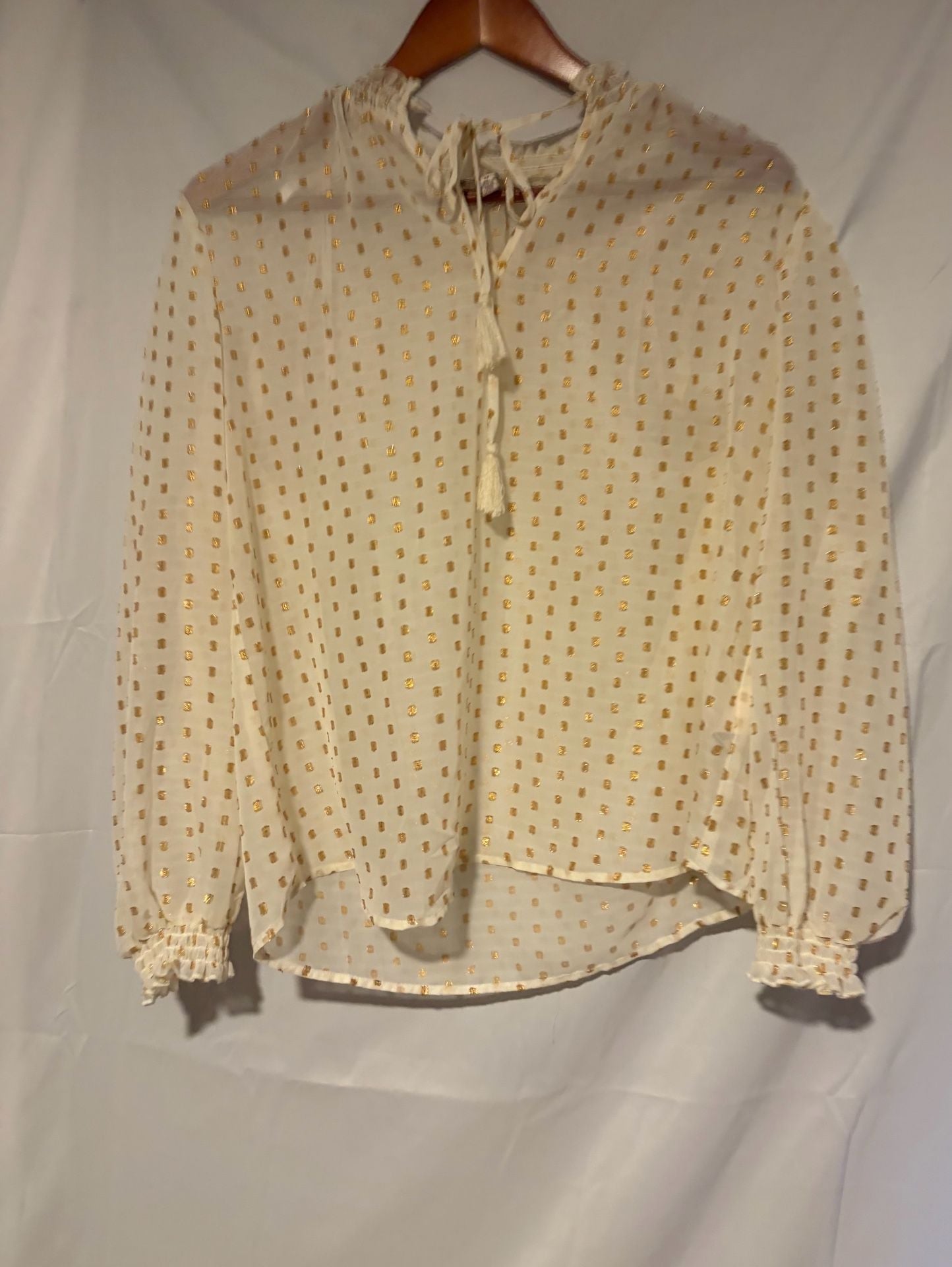 Nanette Nanette Lepore Blouse Size M Ivory Gold Dot Tassel Tie Top 2