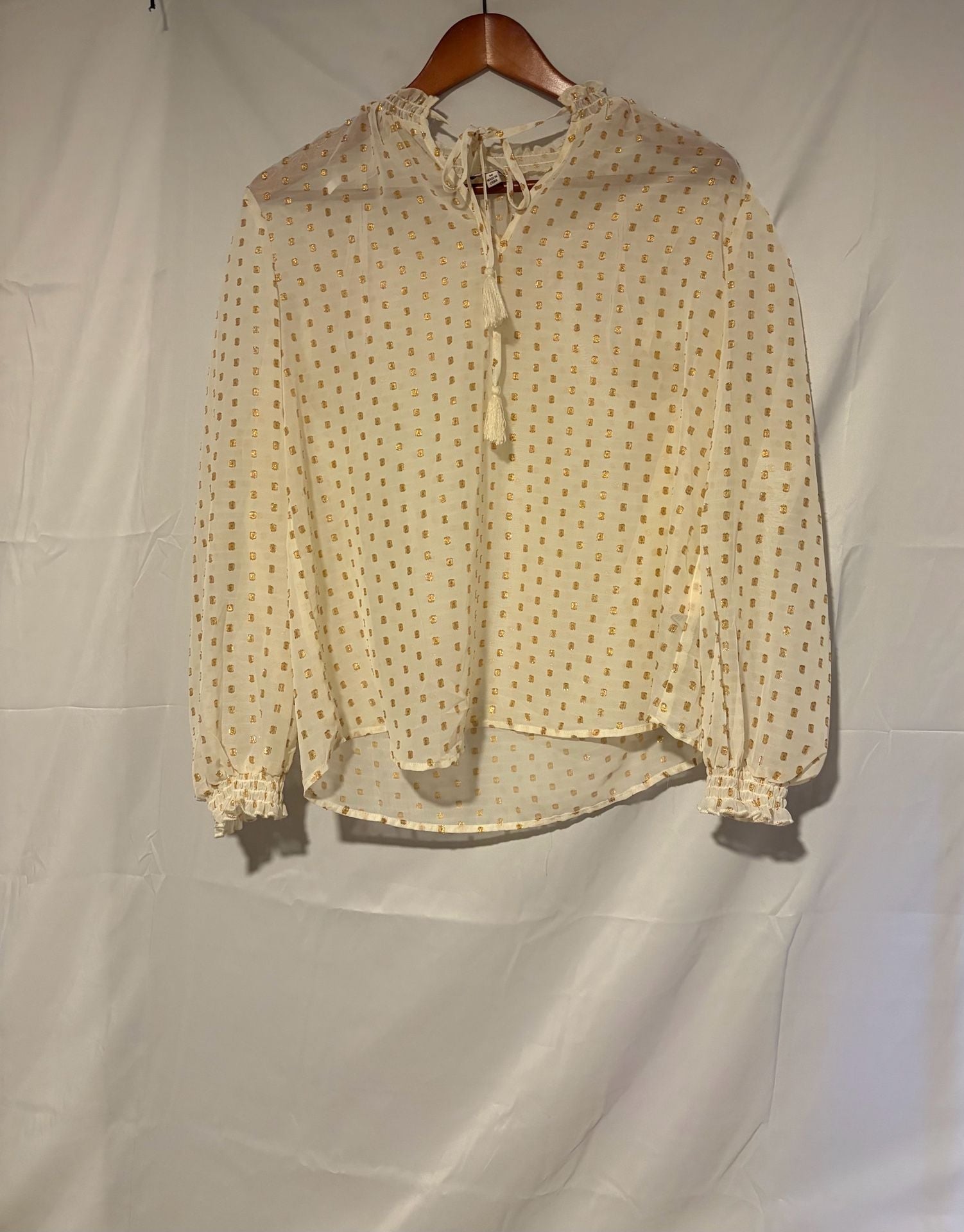 Nanette Nanette Lepore Blouse Size M Ivory Gold Dot Tassel Tie Top 4