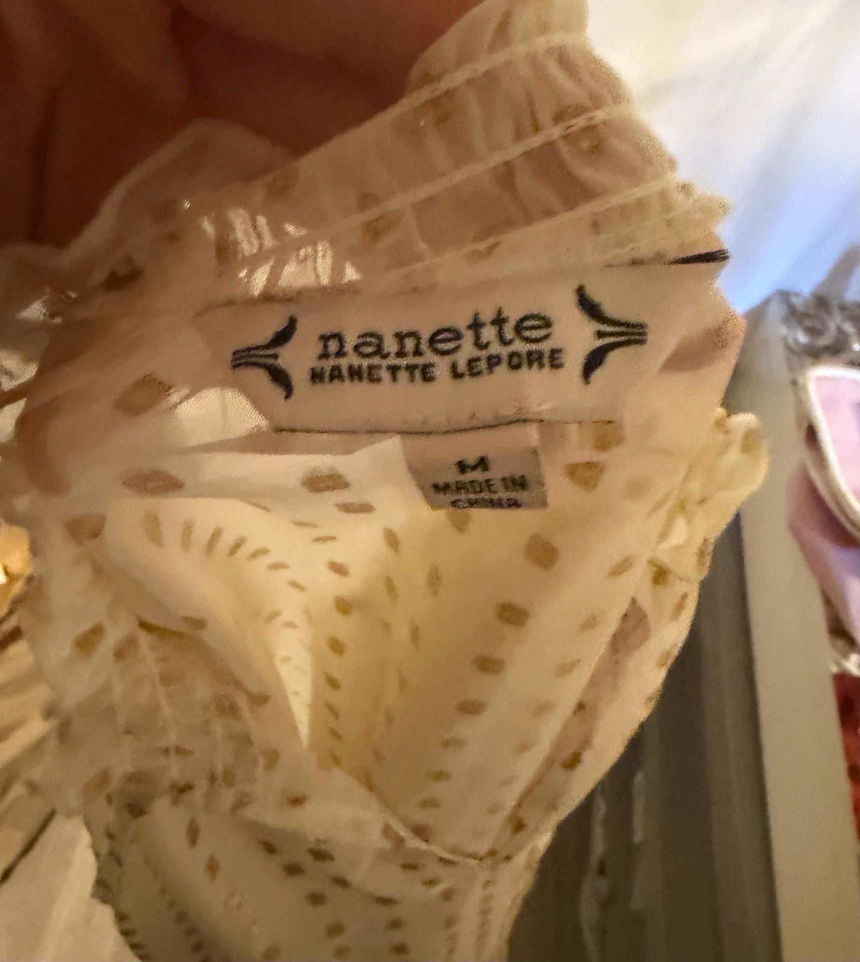 Nanette Nanette Lepore Blouse Size M Ivory Gold Dot Tassel Tie Top 5
