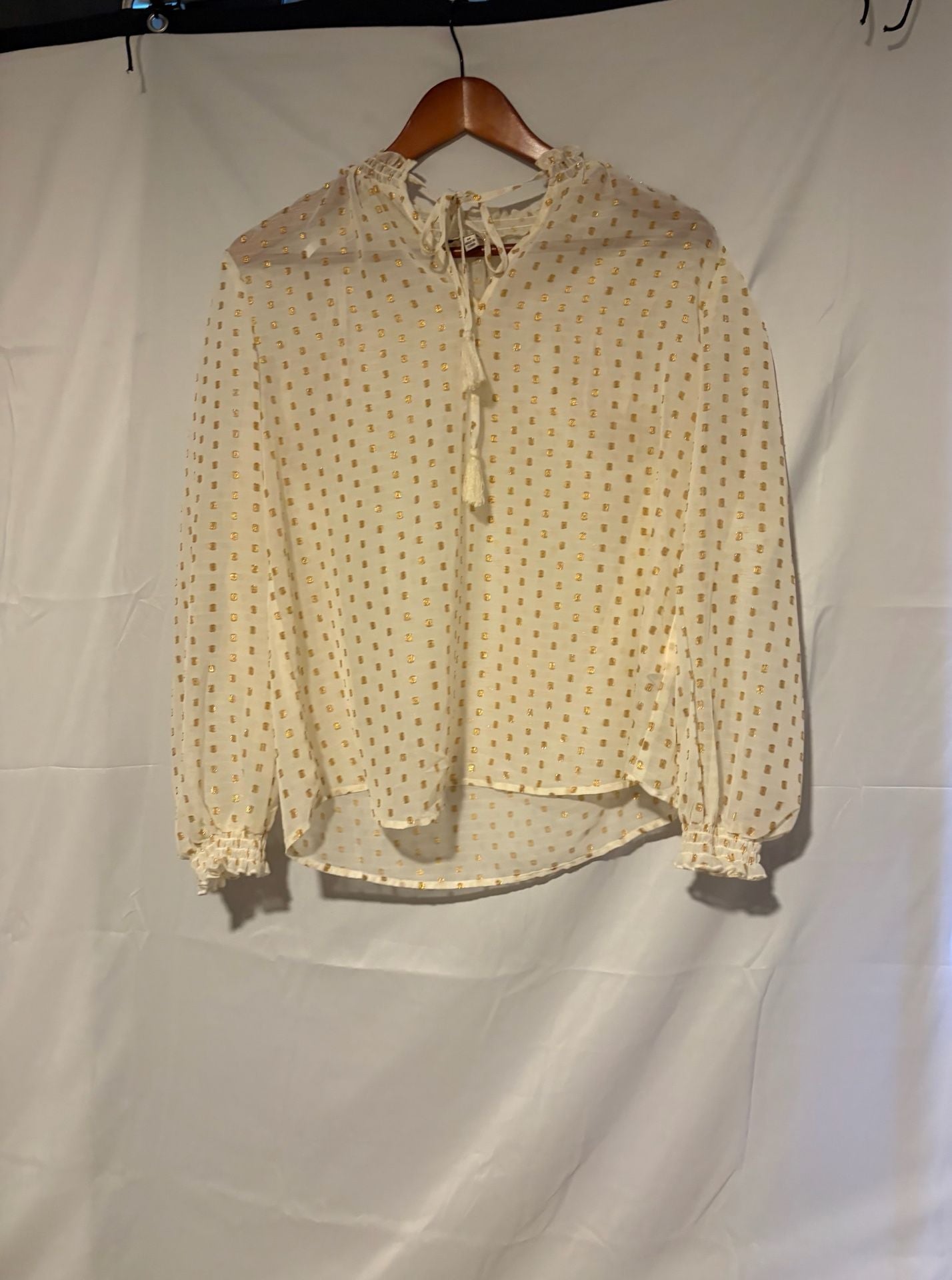 Nanette Nanette Lepore Blouse Size M Ivory Gold Dot Tassel Tie Top 8
