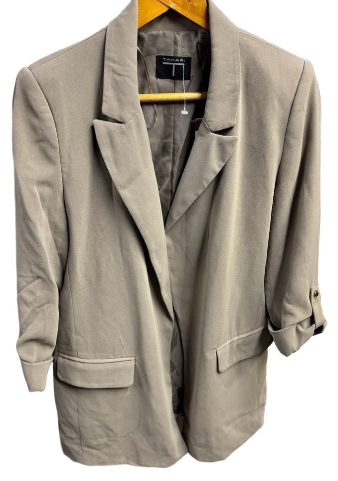 Tahari Blazer Size S Open Front Tan Crepe Jacket 2